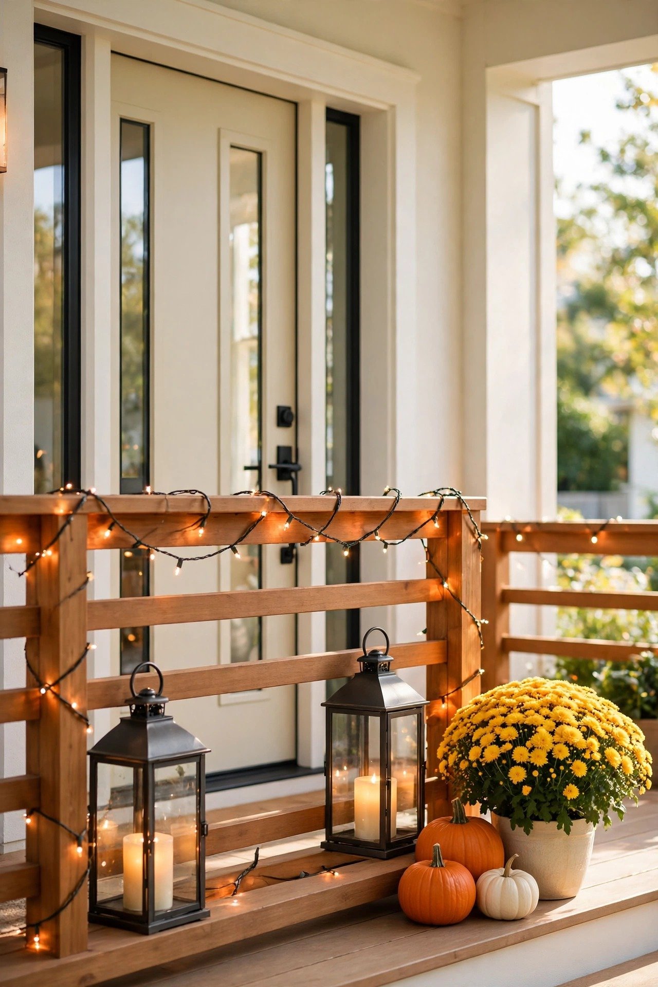 Warm string lights wrapped along a porch railing with glowing lanterns near the door at dusk