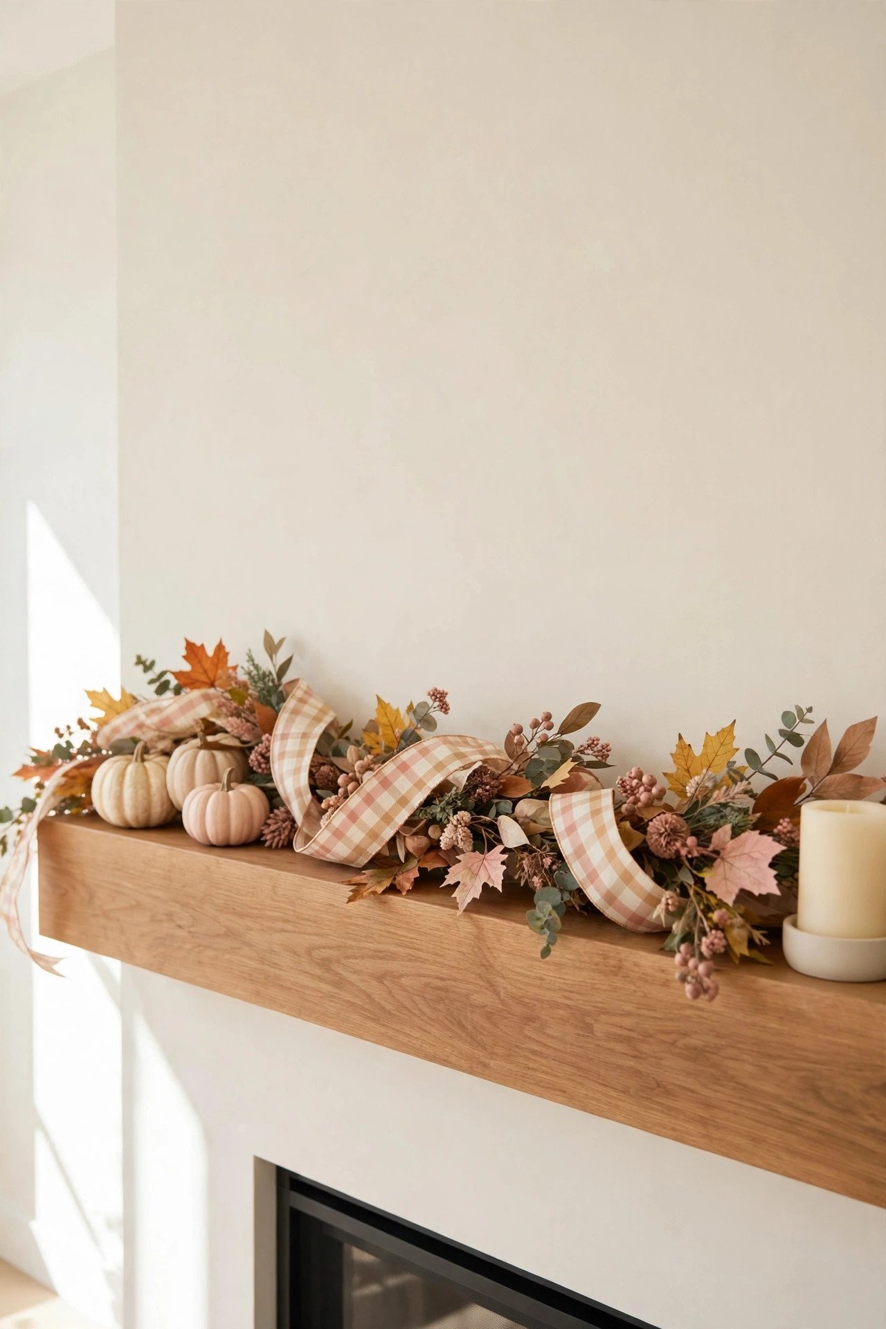 Plaid ribbon in warm cream and blush tones woven with soft dips through a fall garland on a mantel