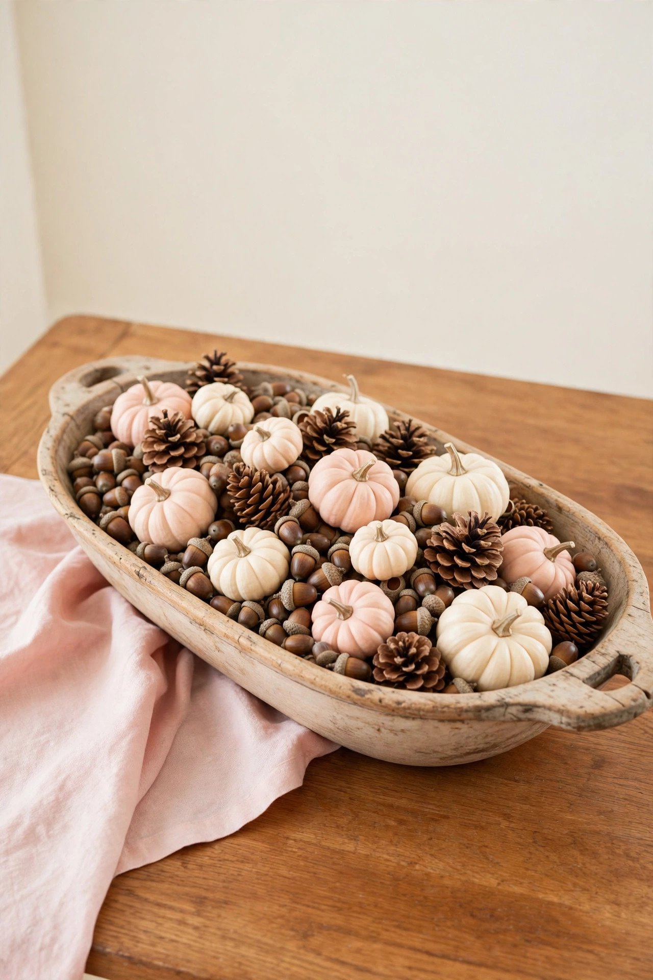 A wooden dough bowl filled with acorns, pinecones, and small pumpkins