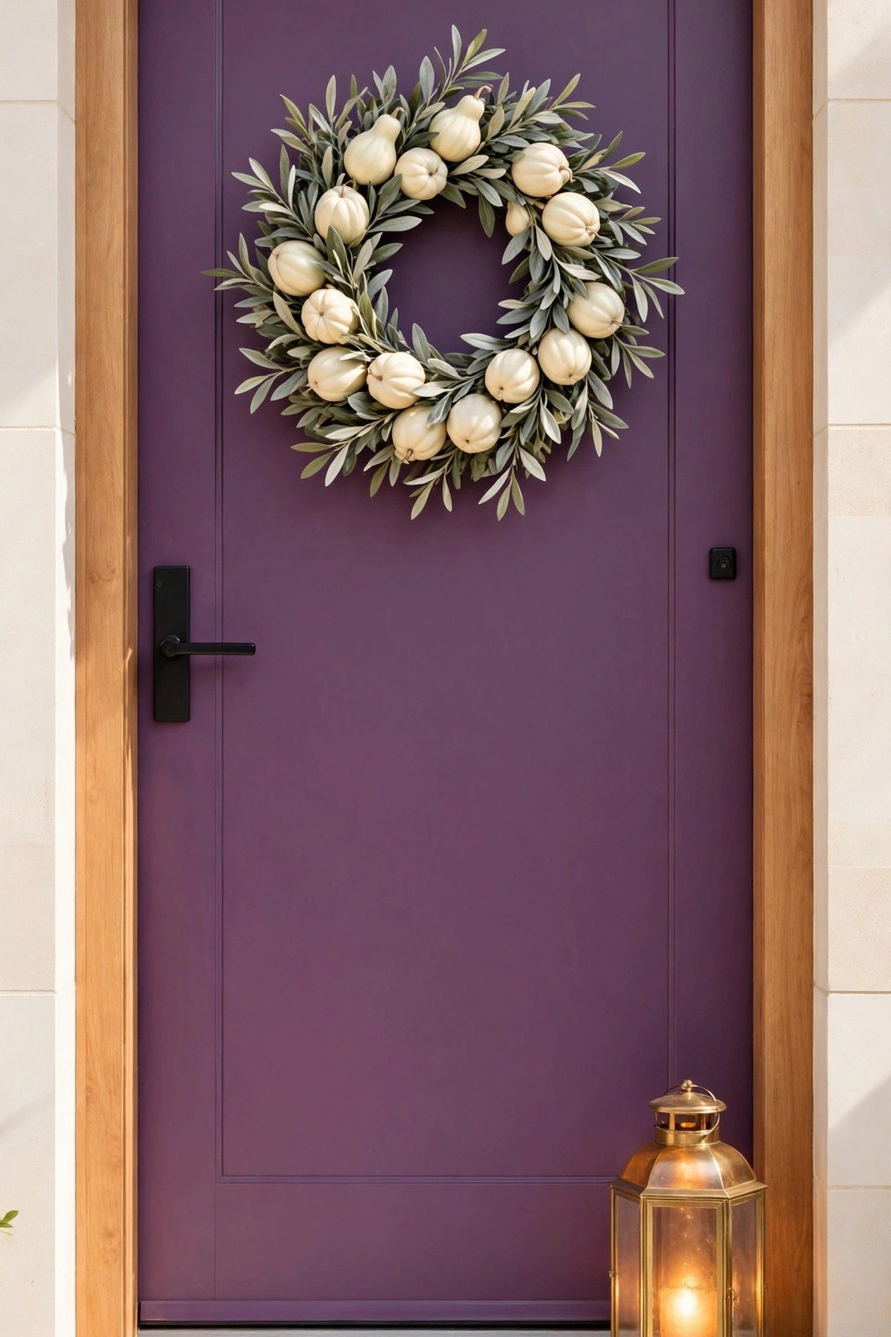 Wreath of pale cream faux gourds among silvery olive leaves on a plum purple front door