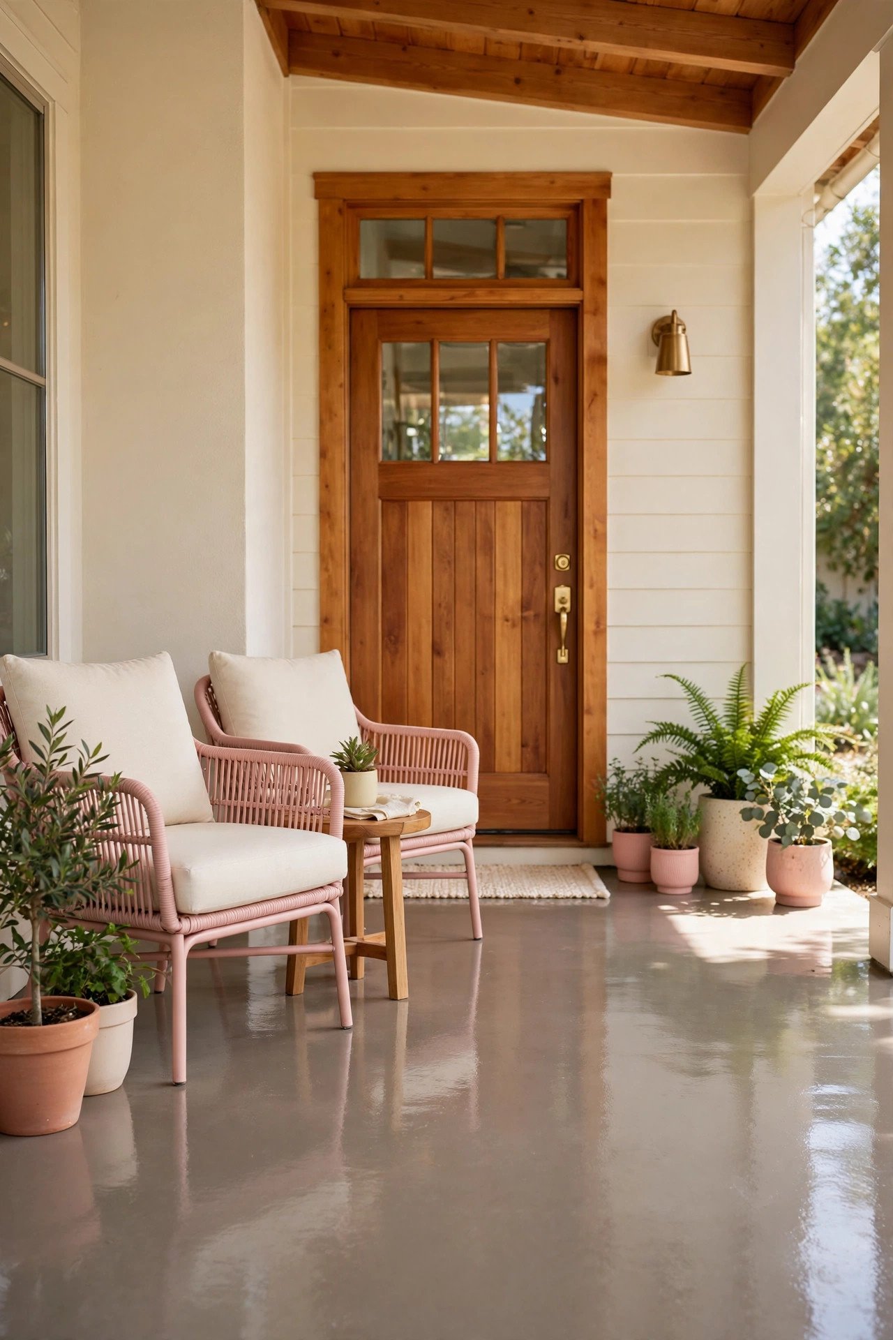 Stained concrete porch floor with blush pink outdoor seating
