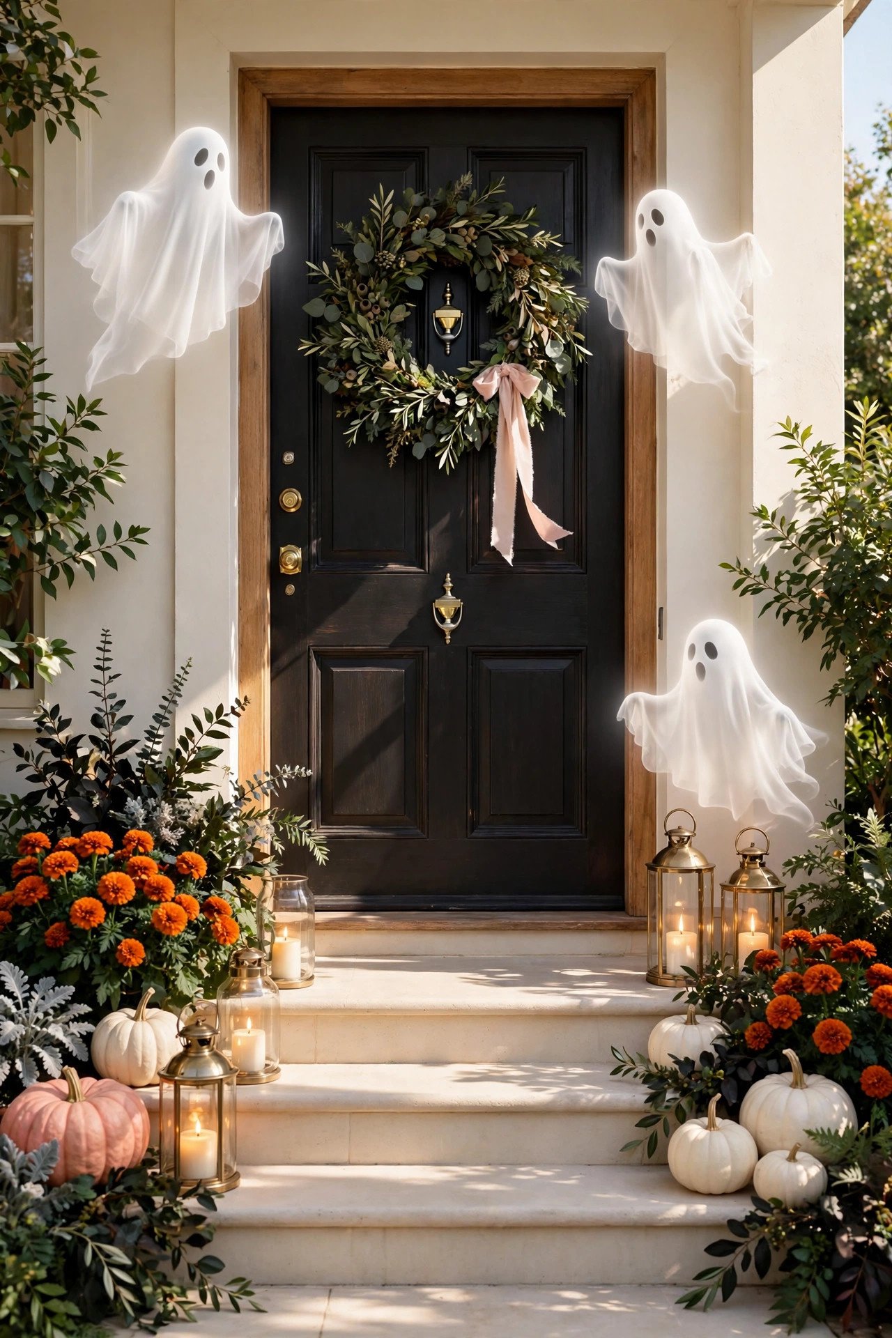 Dark front door with glowing ghost figures, candles in lanterns, and white pumpkins
