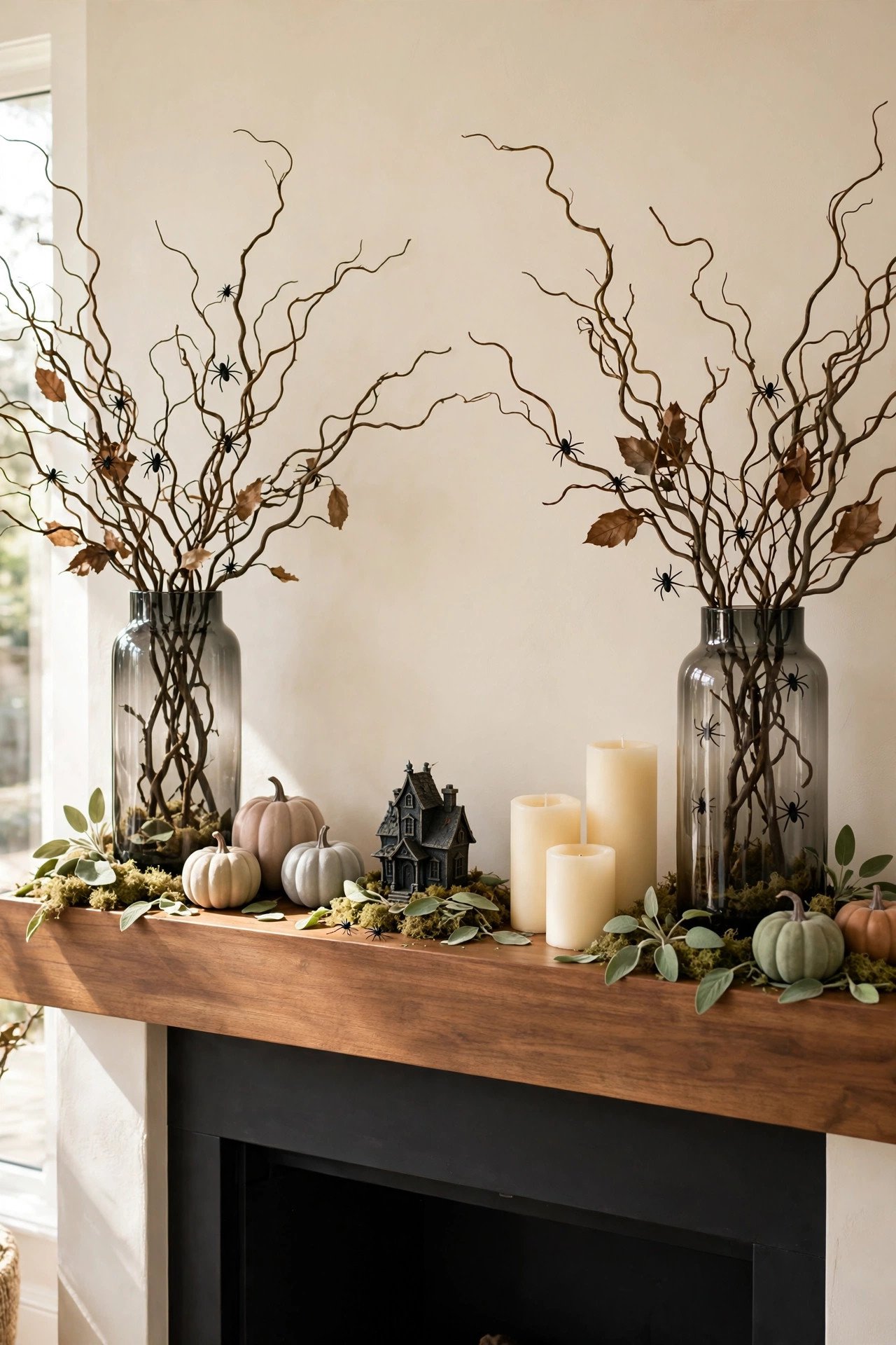 Halloween mantel with bare branches in tall vases, black spiders and pillar candles