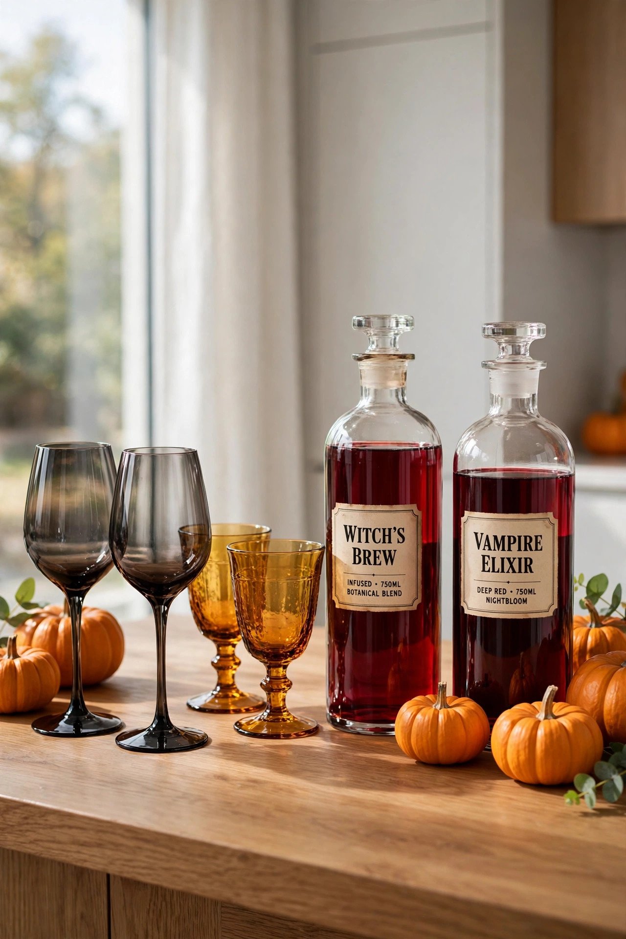 Smoky charcoal wine glasses and amber goblets beside labeled potion bottles on a table