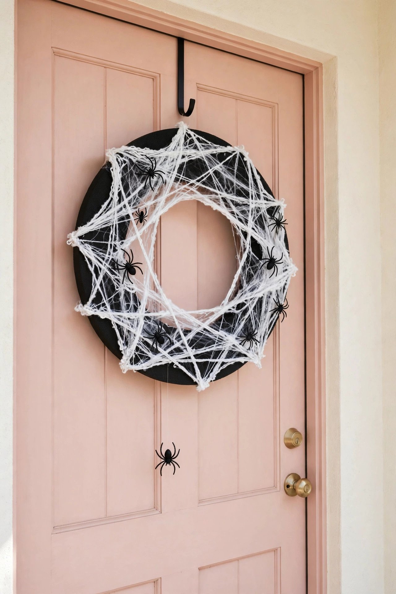 Halloween wreath of white yarn web with small black plastic spiders on a dark ring