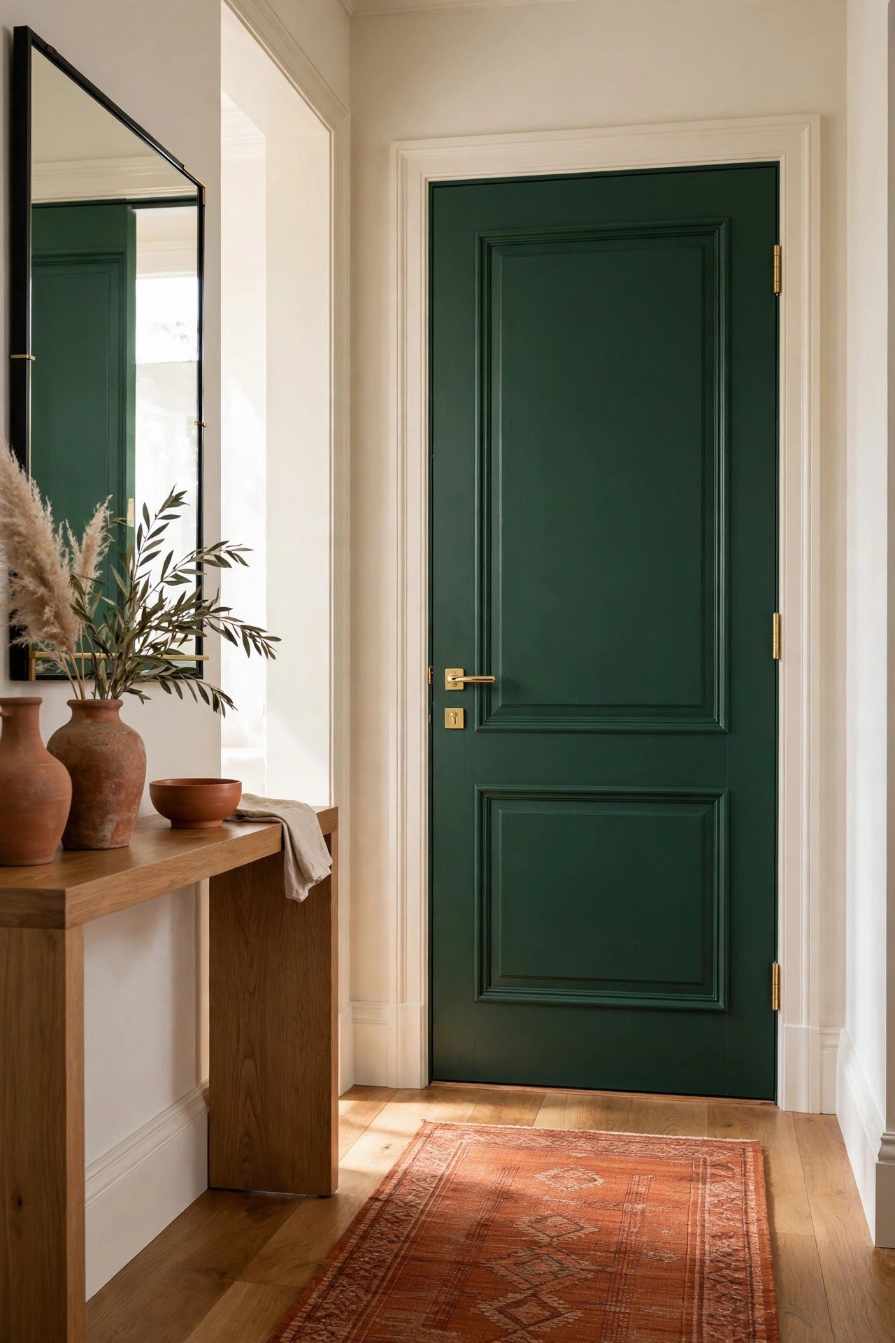 Deep forest green luxury interior door with rich natural tone
