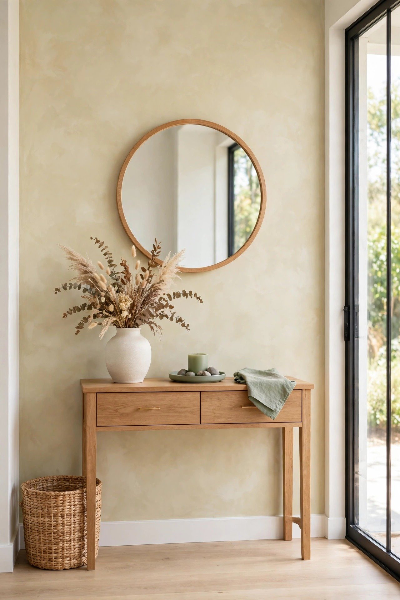 Sand colored limewash wall with gentle texture in a bright entryway with console table