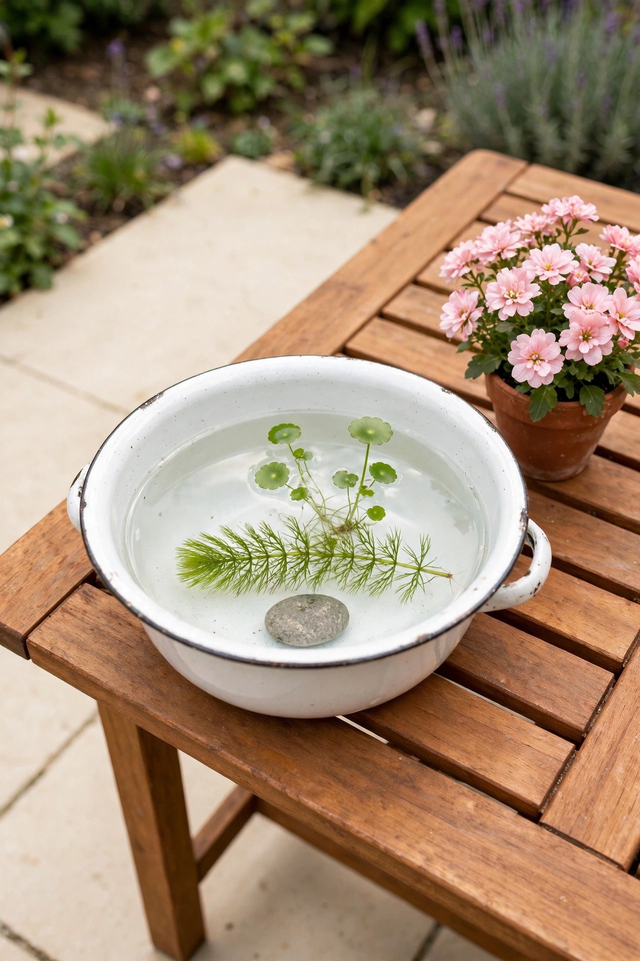 Small washing-up bowl pond with tiny aquatic plants