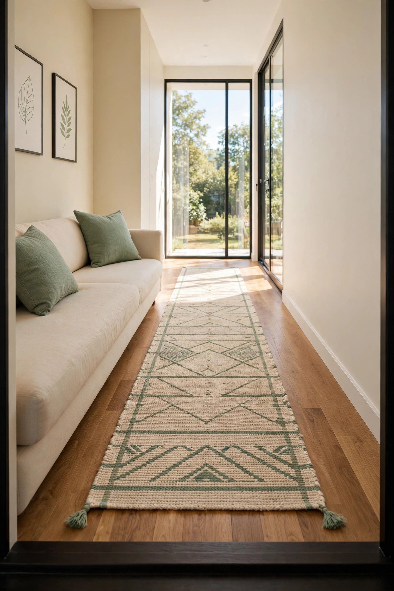 Long runner rug laid down the length of a narrow living room guiding the eye through the space