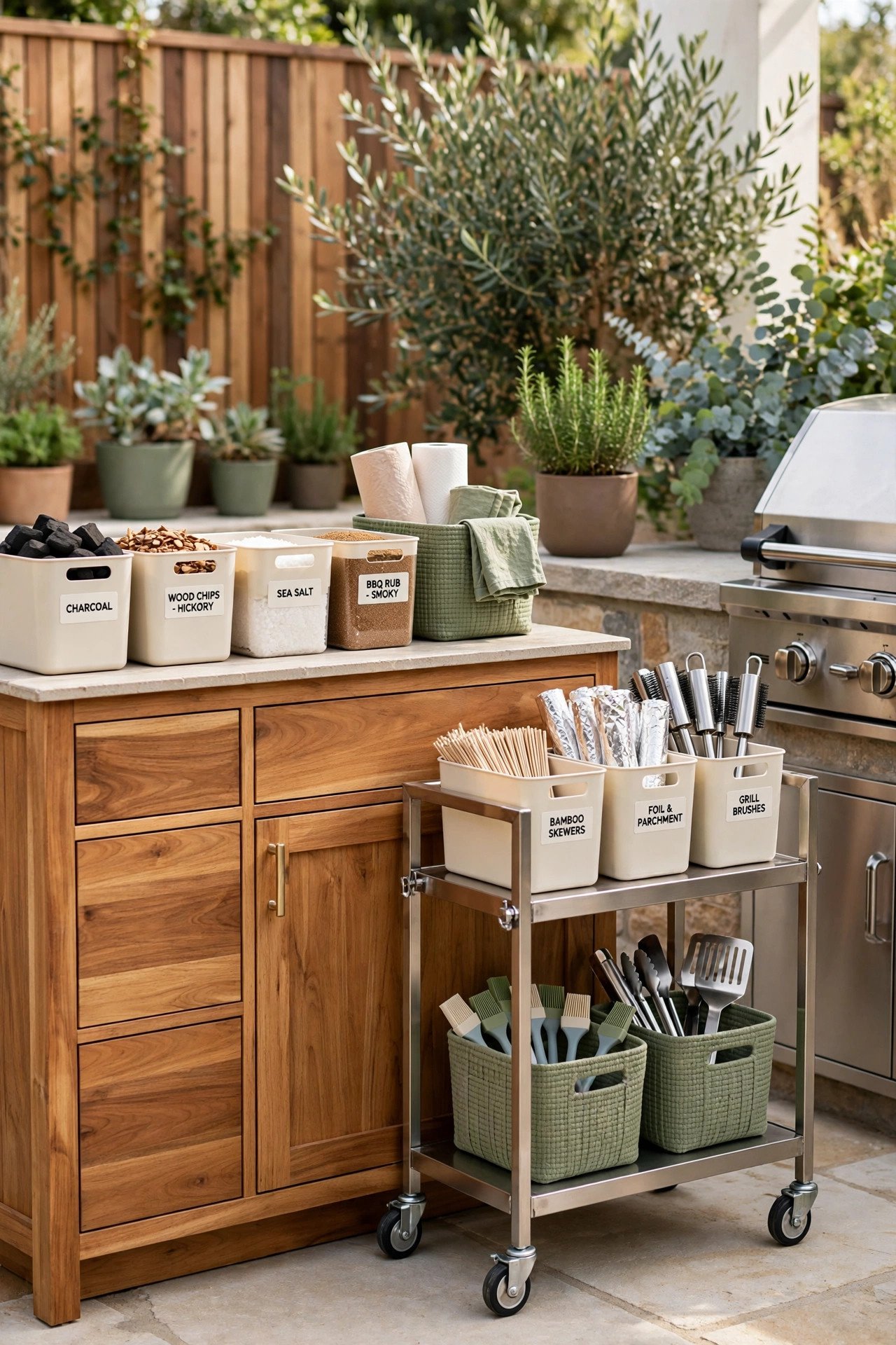 Outdoor kitchen storage with a freestanding island, rolling cart, and organized labeled containers