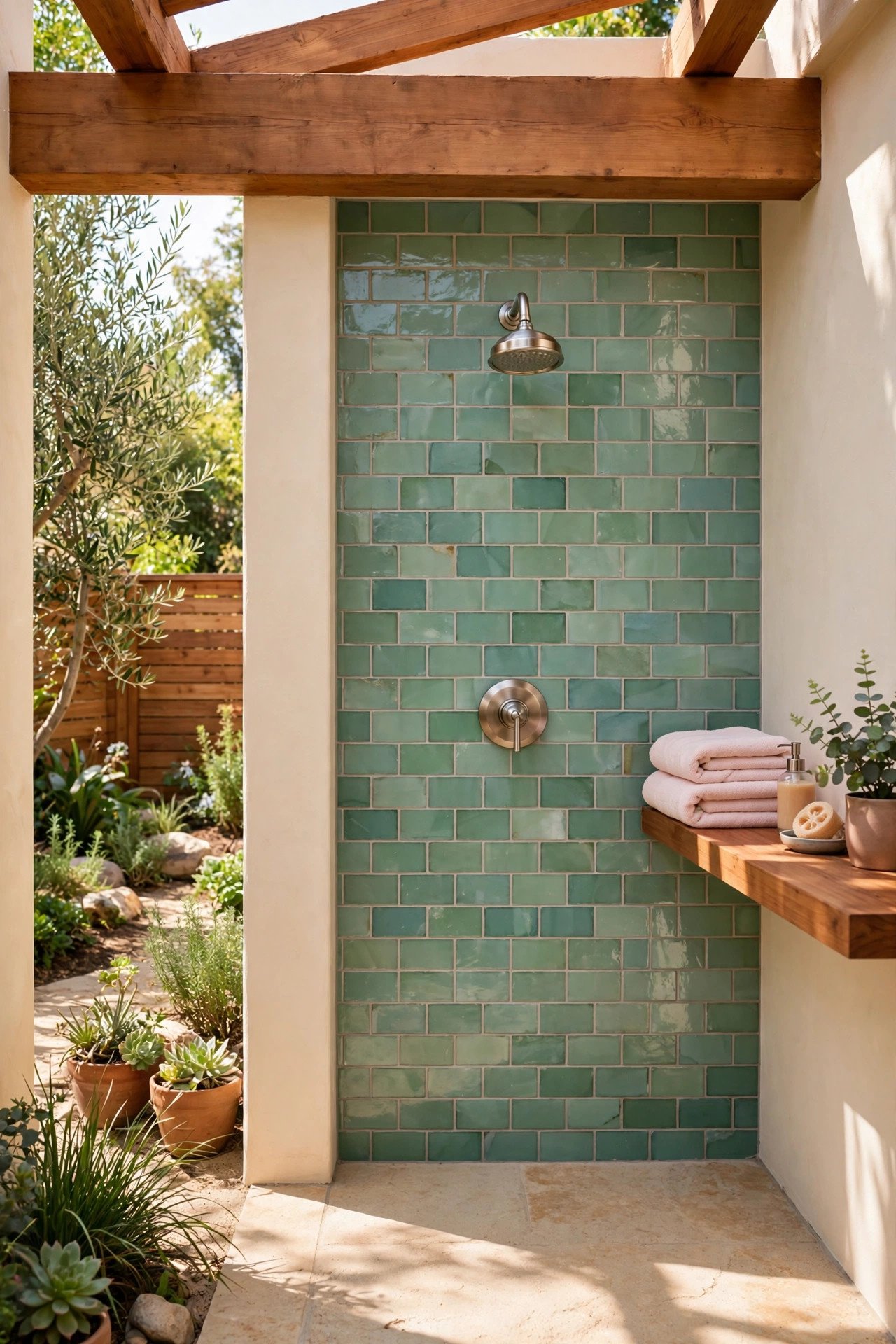 Outdoor shower with soft sea-glass green tiles and blush pink towels