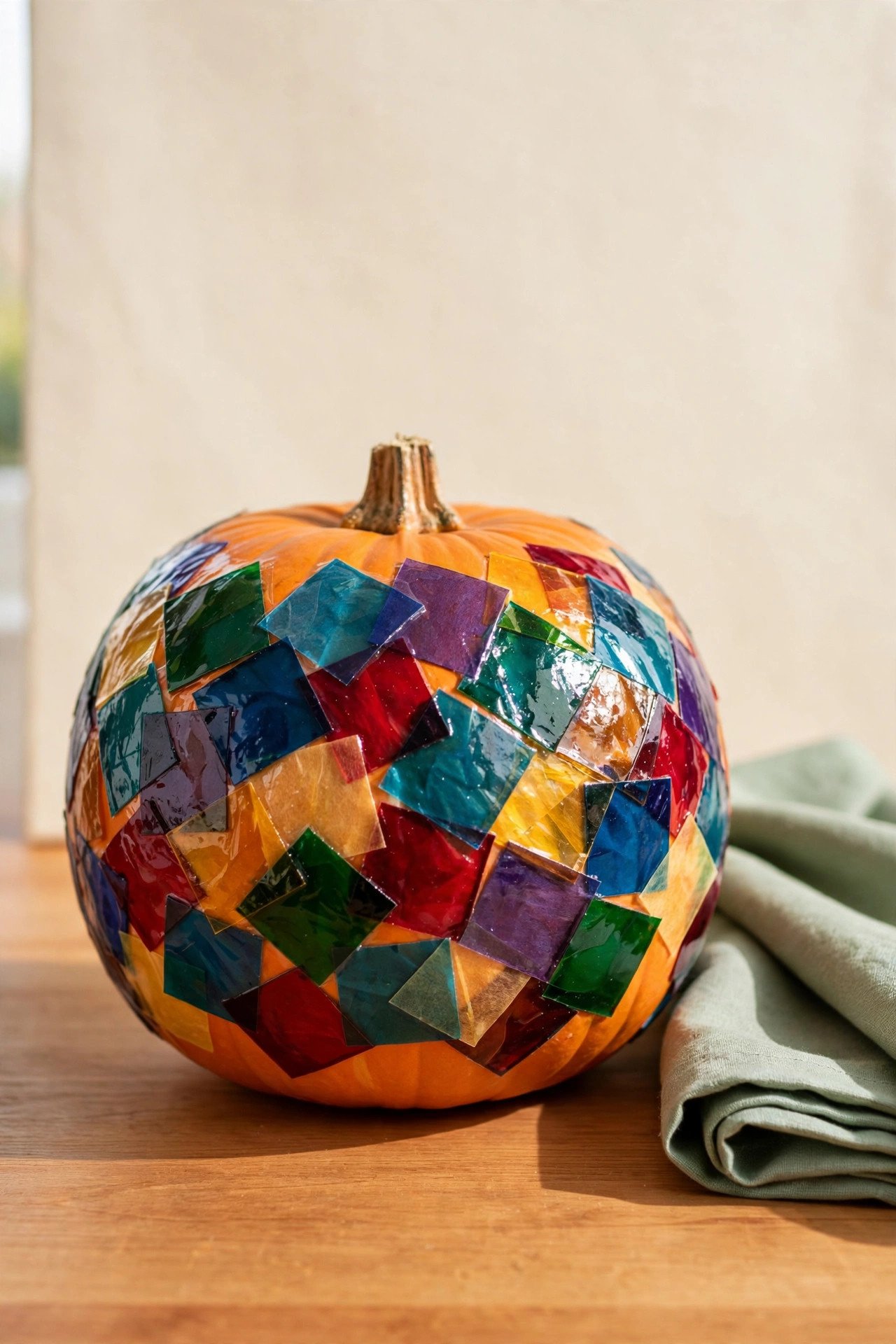 Pumpkin decorated with overlapping colorful tissue paper squares creating a stained glass effect