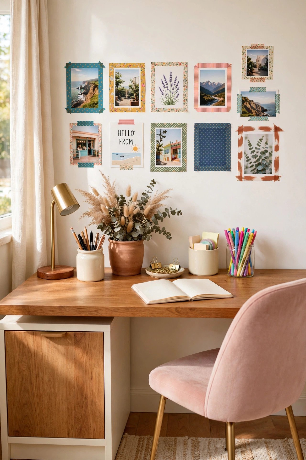 Washi tape frames around postcards and photos on a white wall in blush pink tones