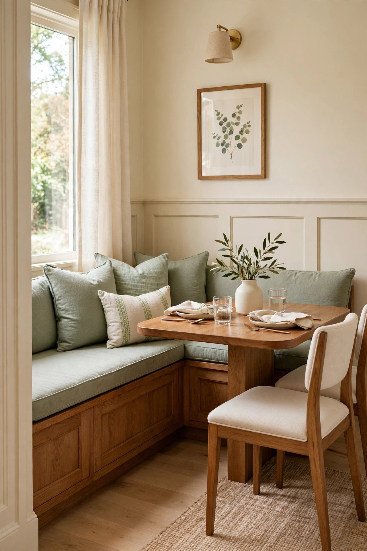 Built-in banquette layout idea with storage bench seating along the wall in a small dining nook