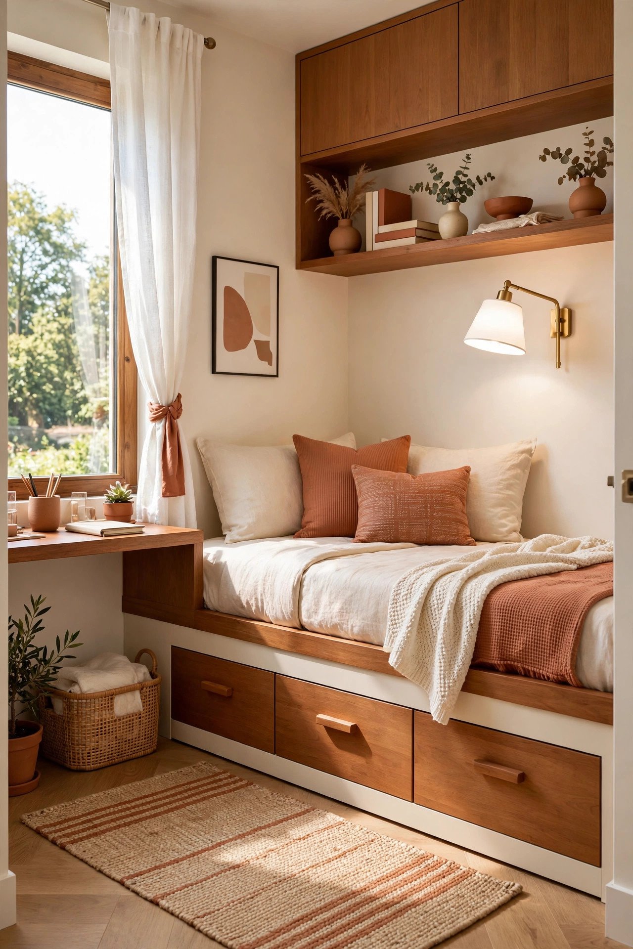 Dual-function small guest room layout with a daybed, built-in under-bed storage, and a bright reading lamp