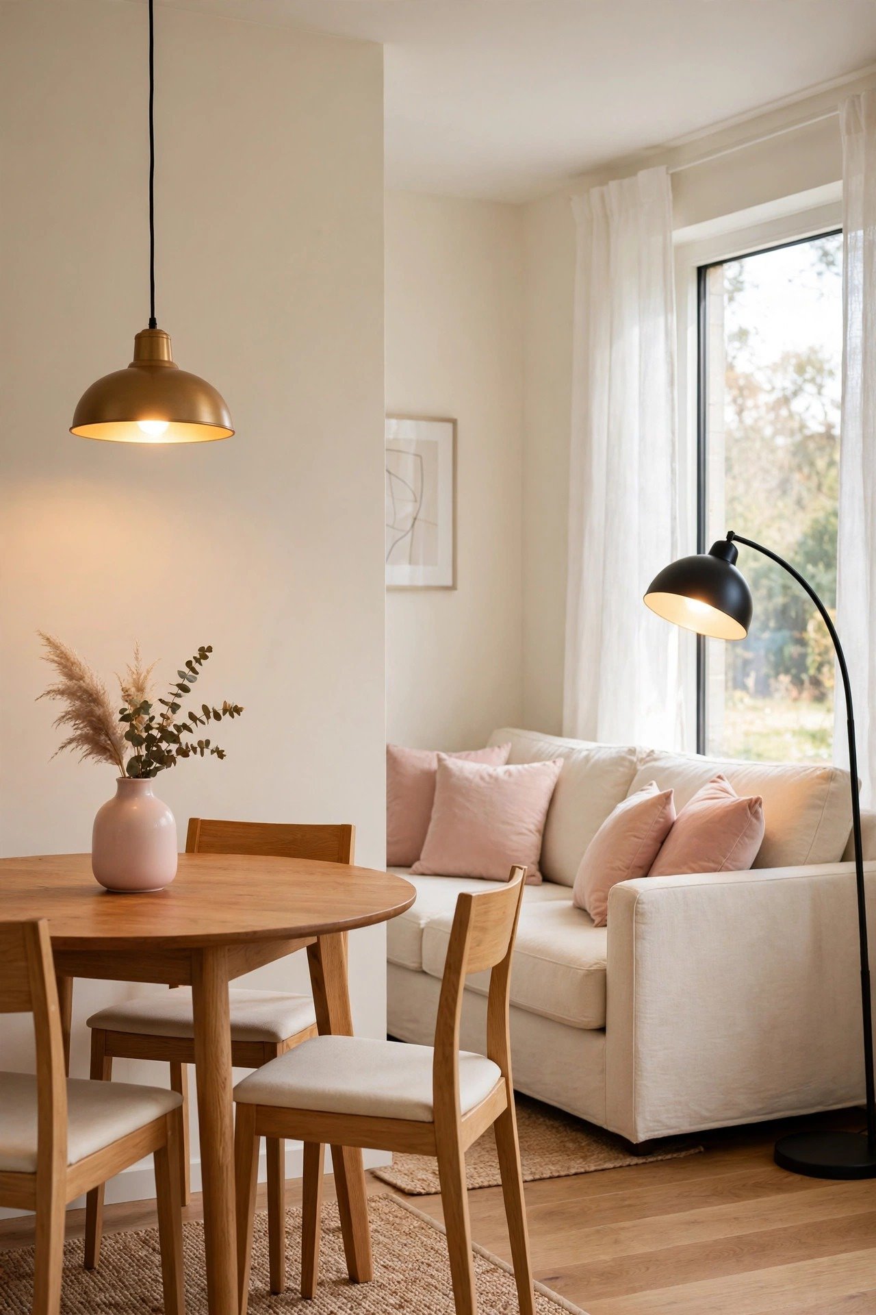 Small living dining combo unified with shared lighting, a pendant over the dining table and a floor lamp by the sofa
