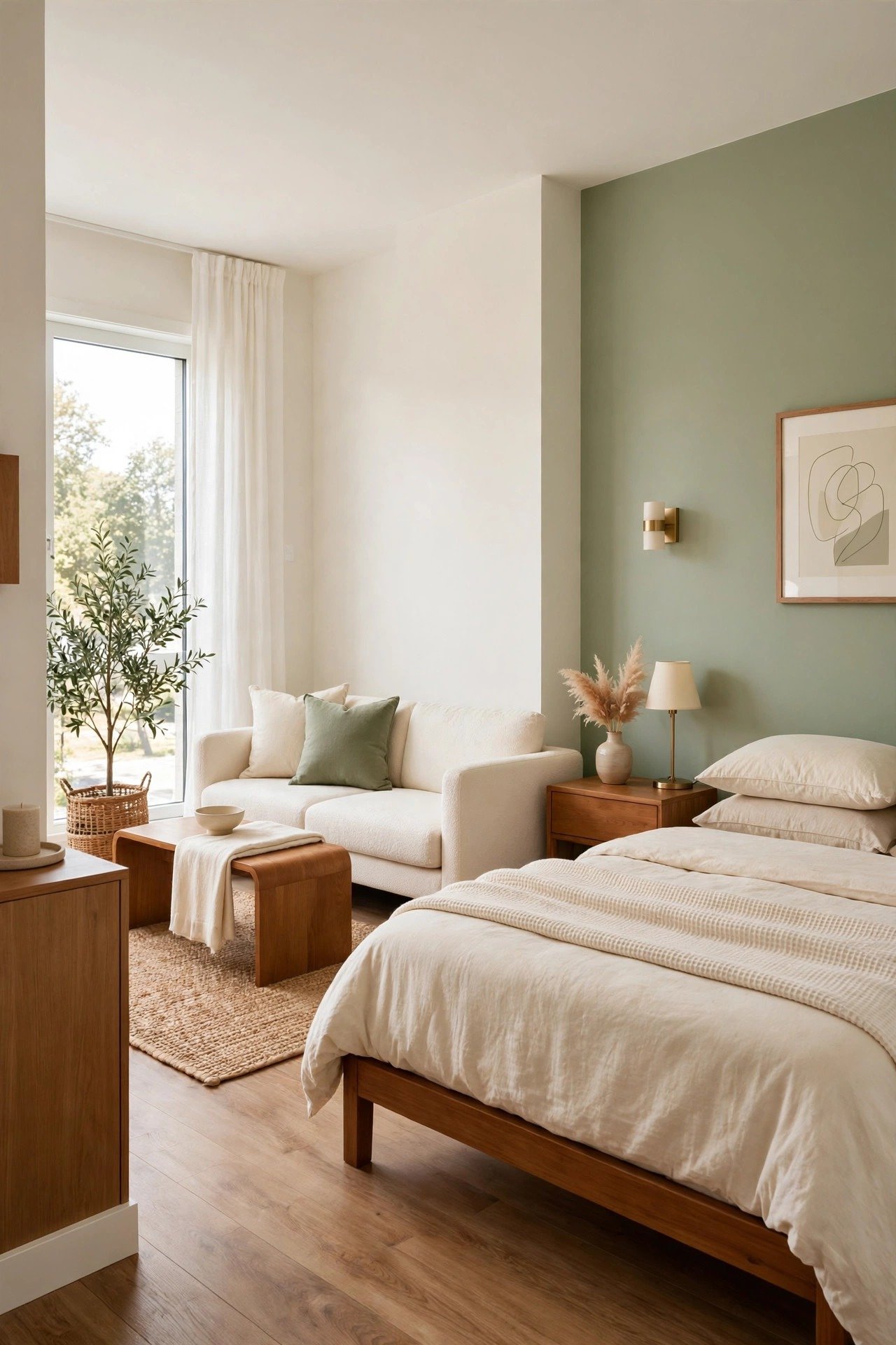 Small one bedroom apartment layout ideas with color blocking, a soft sage bedroom accent wall beside a warm white living room