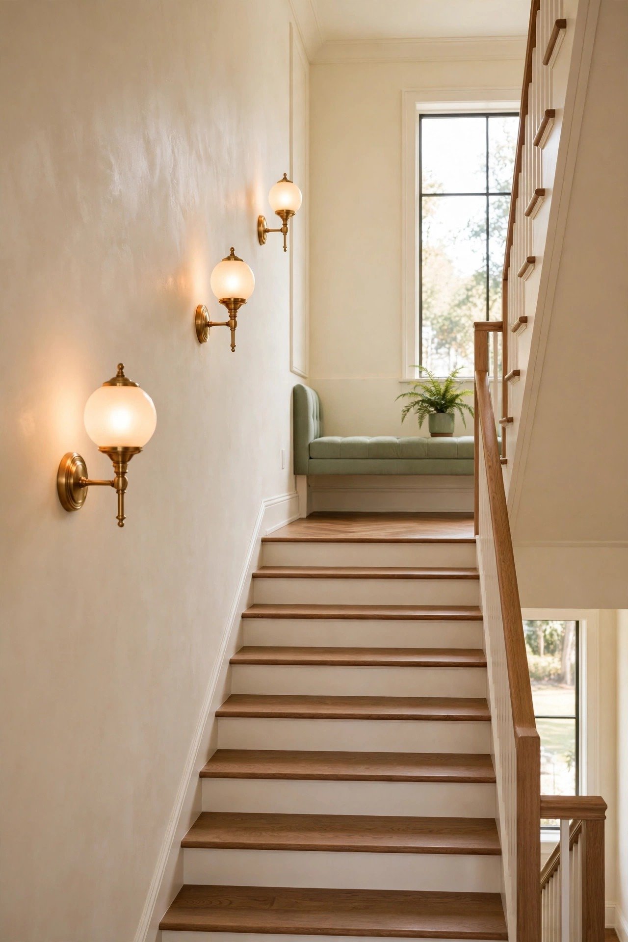 Brass wall sconces glowing softly along a staircase wall