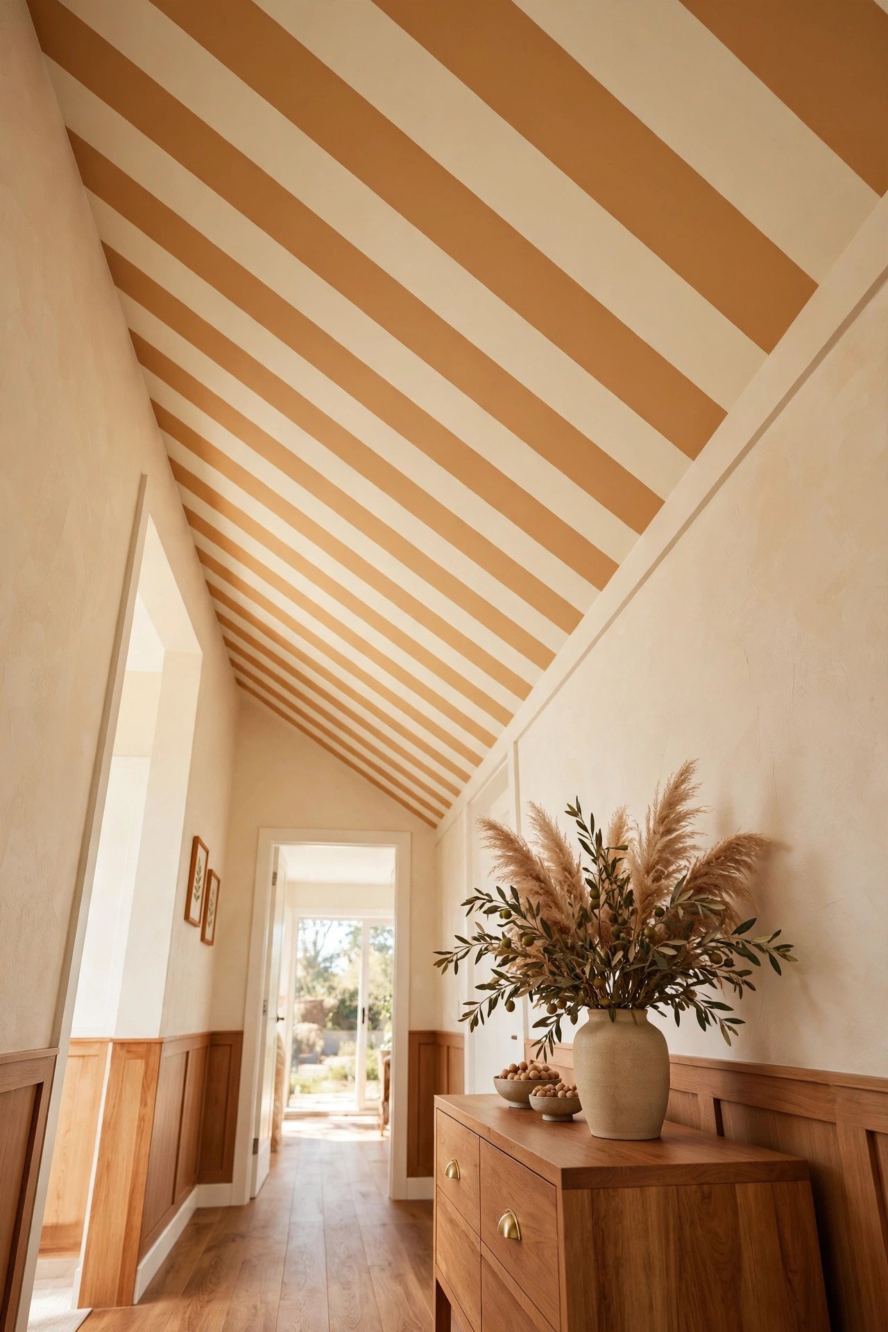 Diagonal striped ceiling in cream and amber tones making a narrow hallway feel wider