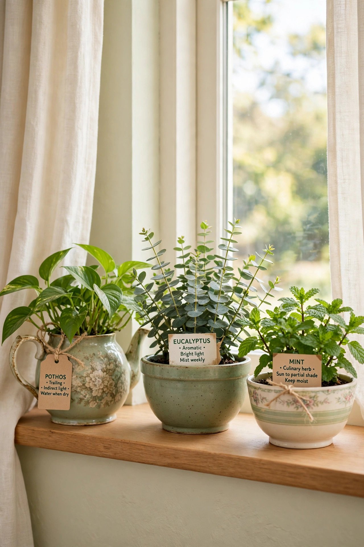 Plants potted in vintage thrifted teapots and ceramic bowls on a windowsill in sage green tones