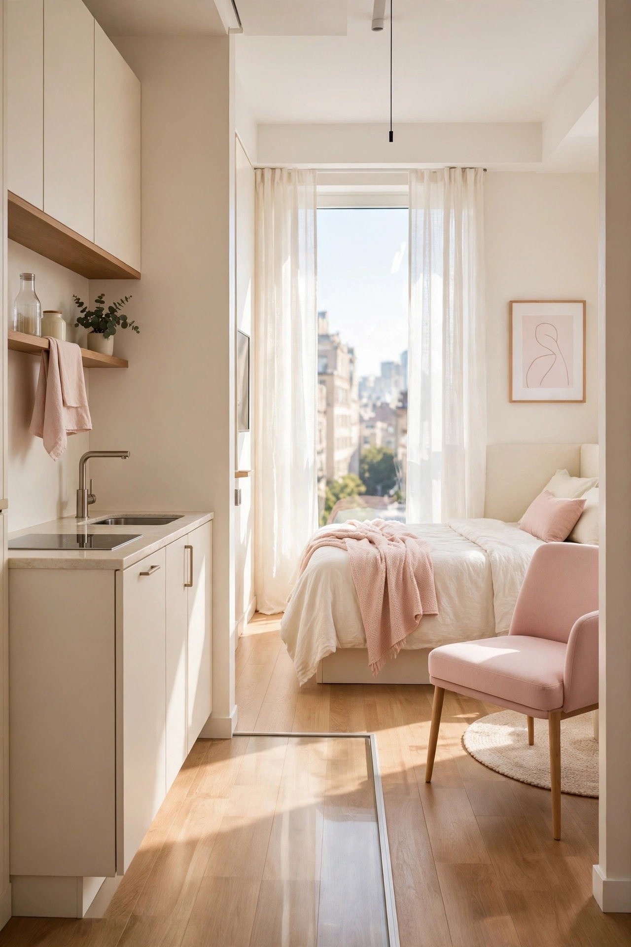 Tiny studio apartment layout idea with an open airy arrangement of blush pink and cream furniture with clear walkways