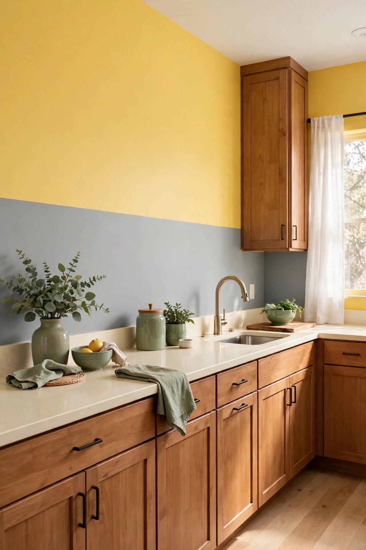 Yellow and gray two tone wall paint ideas with cheerful yellow and cool gray on kitchen walls