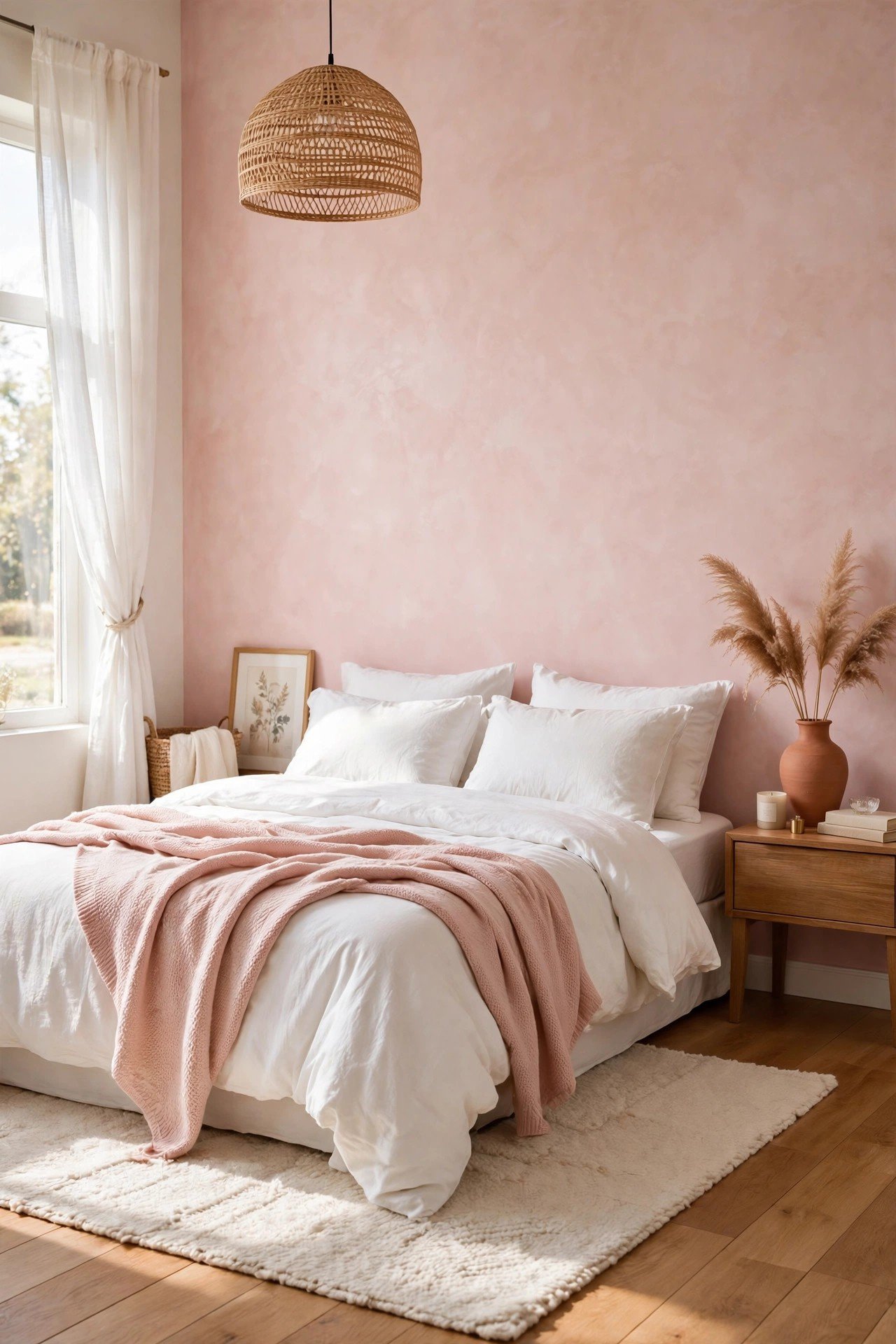 Soft blush pink Venetian plaster wall in a feminine bedroom with white bedding