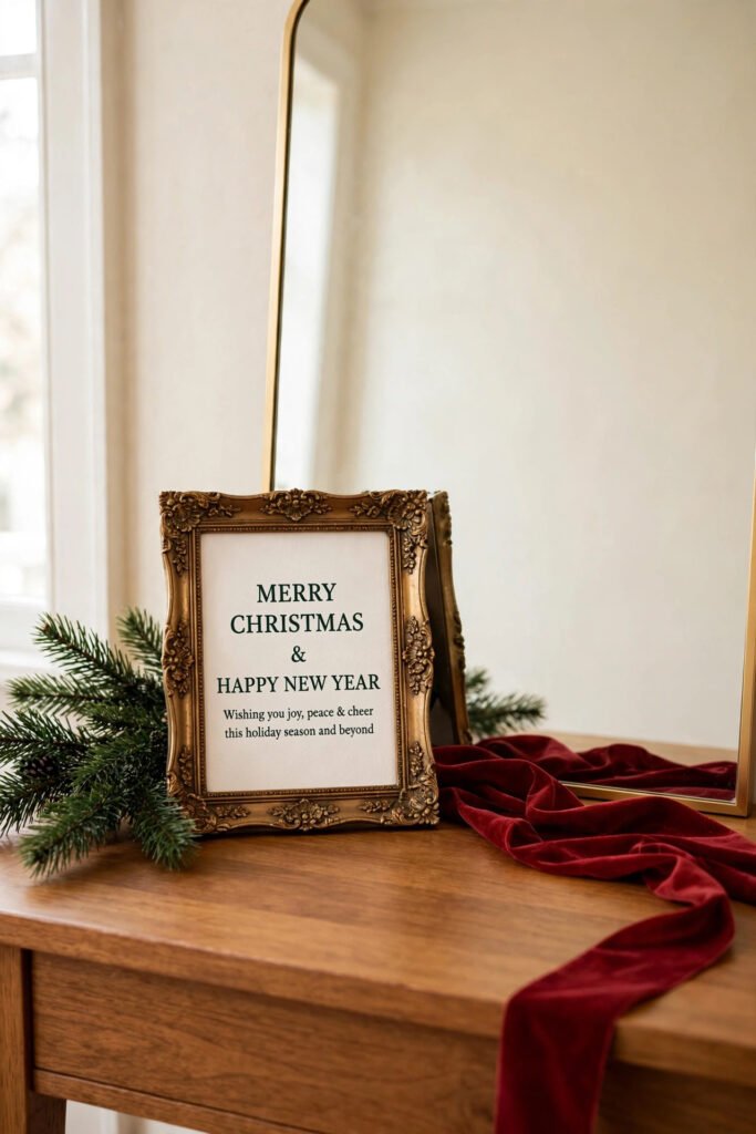 Vintage frame with a Christmas card leaning on a mirror in a rustic vanity Christmas display
