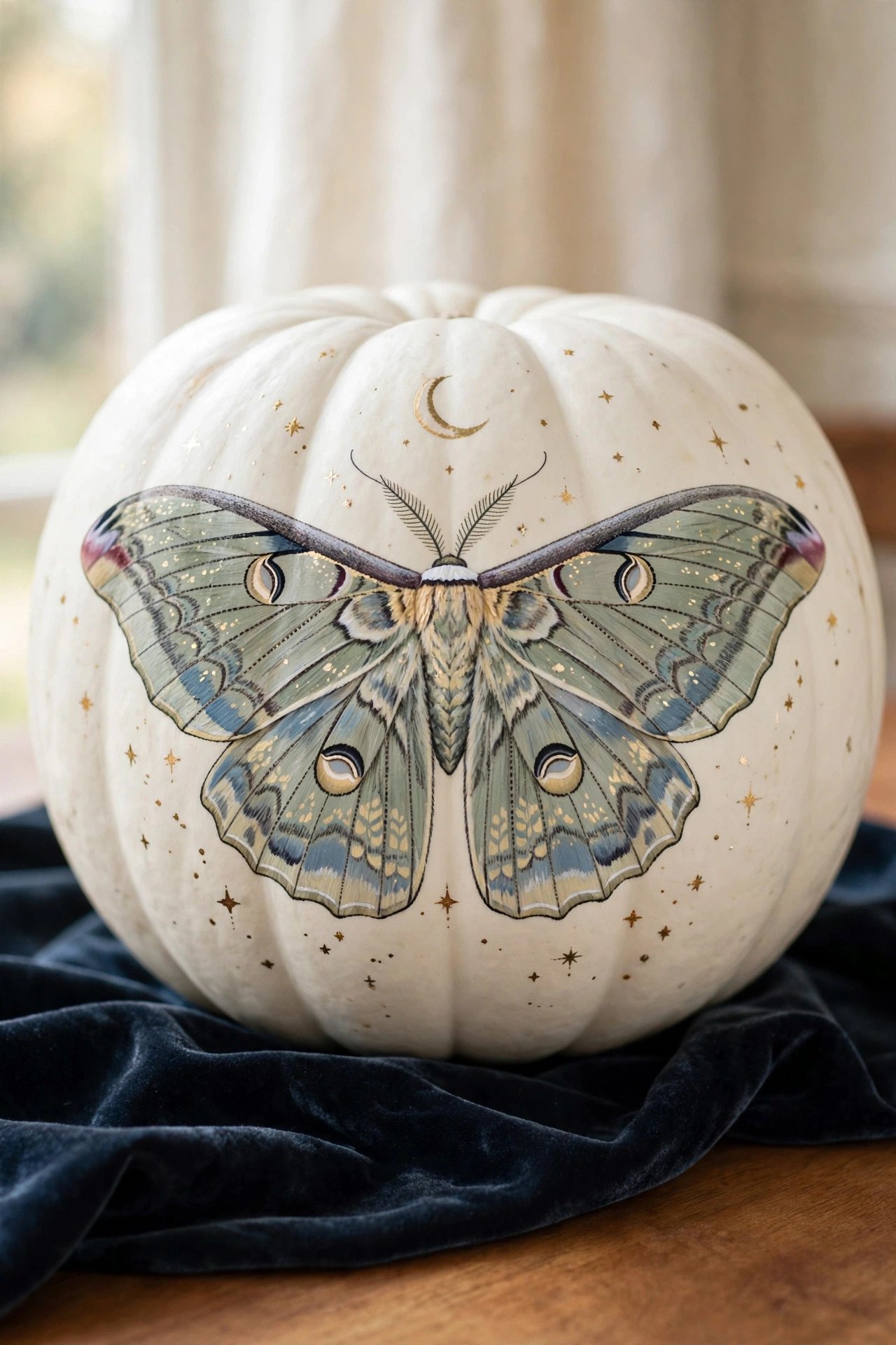 White pumpkin painted with a detailed lunar moth and tiny gold stars