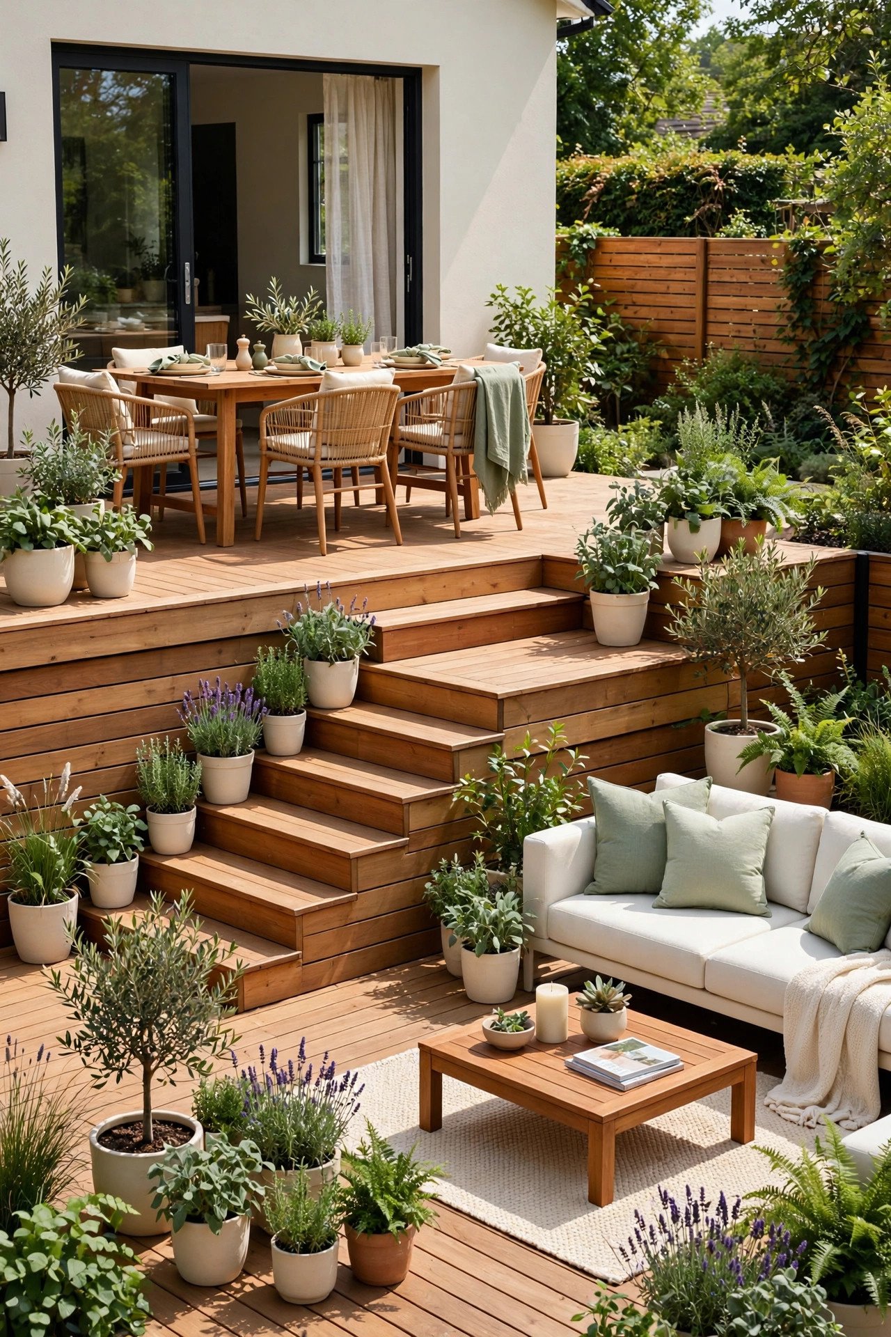 Multi-level wooden deck with steps connecting dining and lounge areas