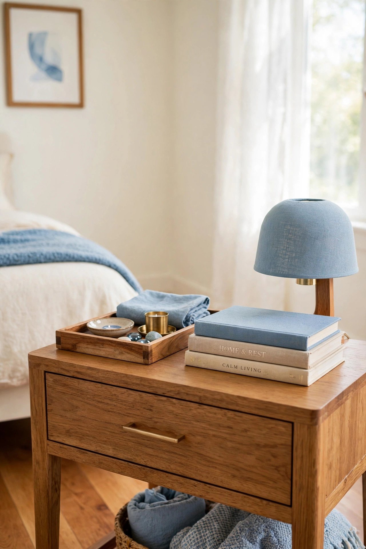 Nightstand styled with a tray, books, and a small lamp