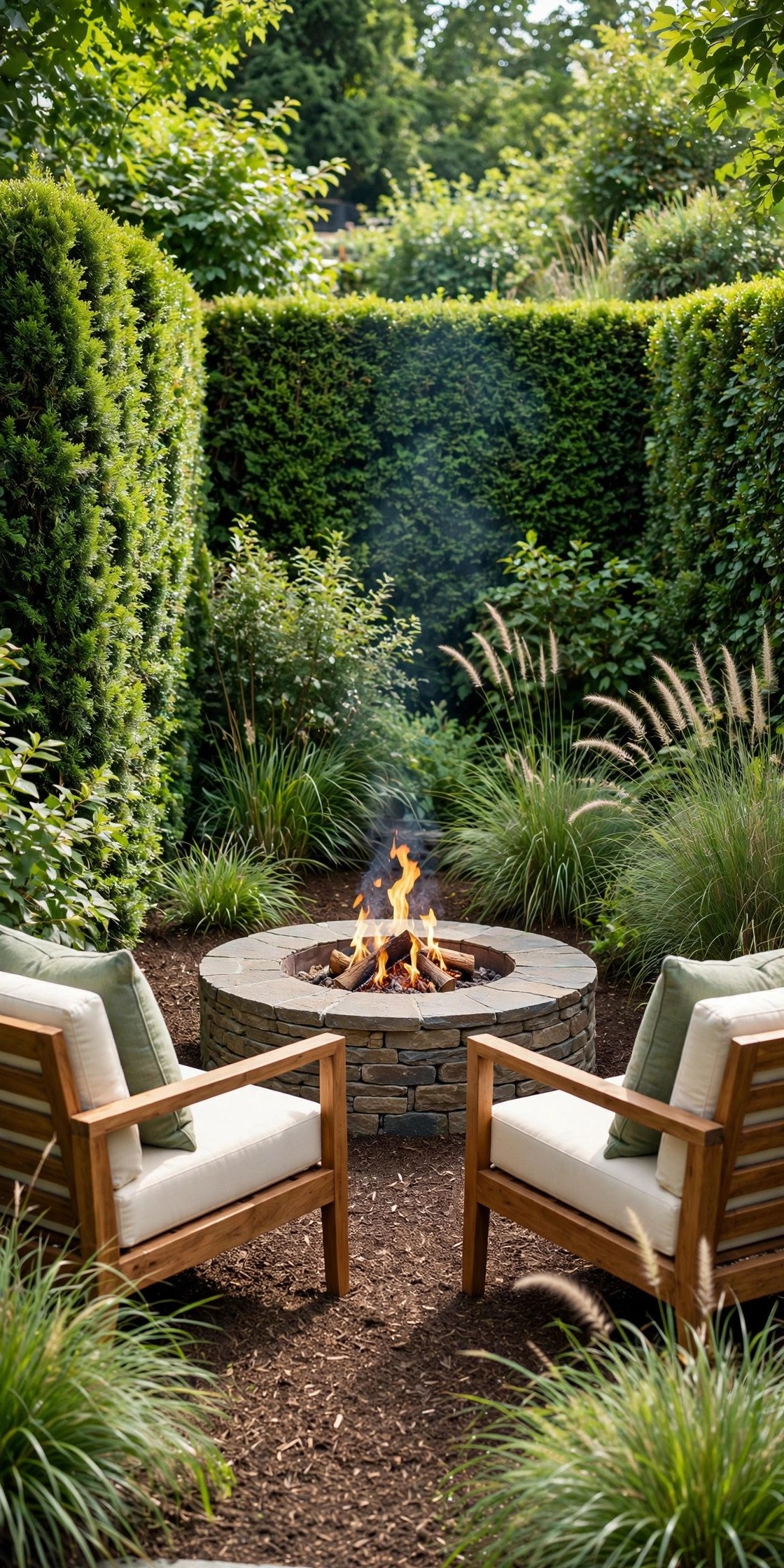 Round stone fire pit tucked into a lush green garden nook with sage pillows