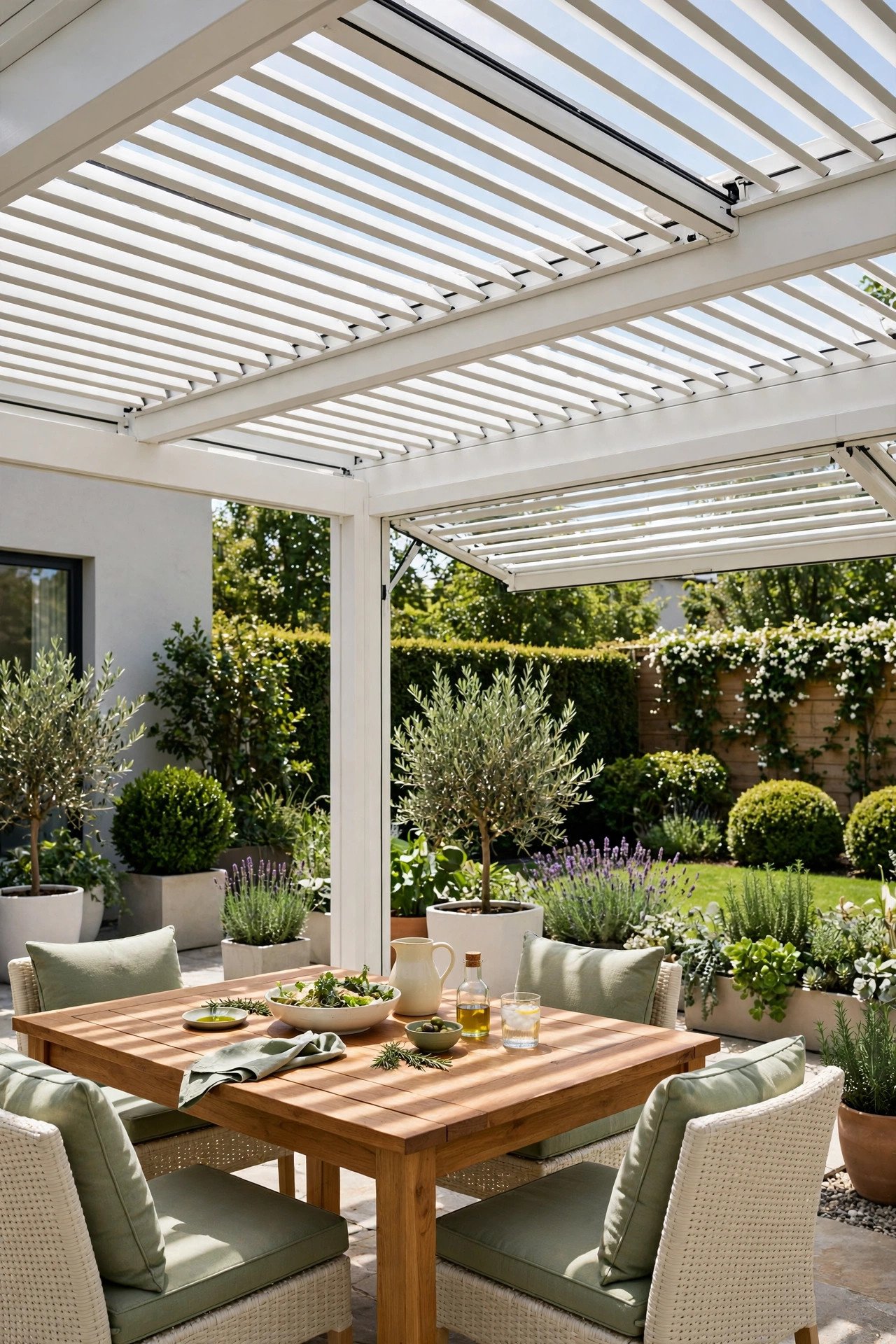White pergola with adjustable louvered roof over a dining set