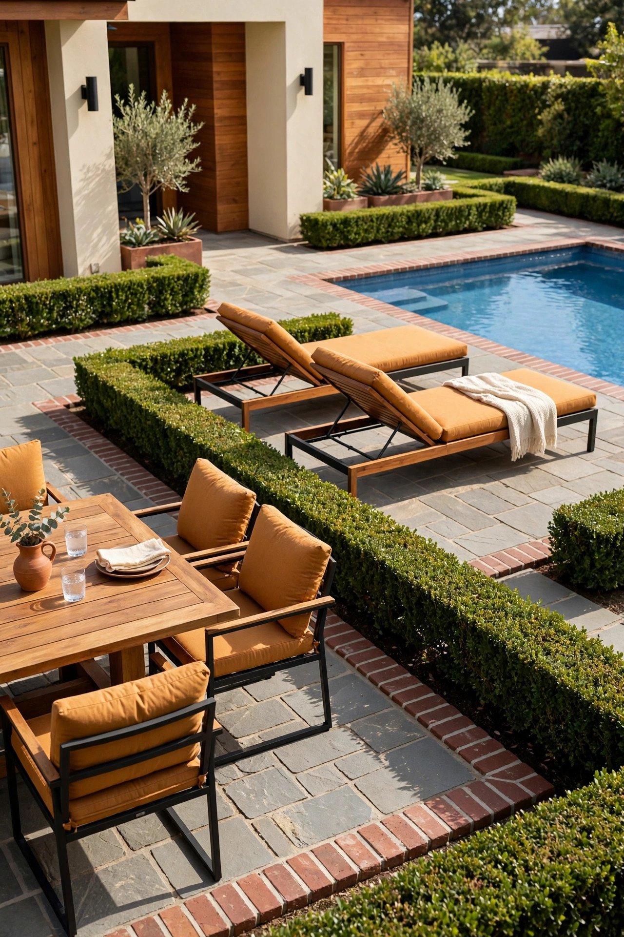 Partial pool deck with stone edging defining zones