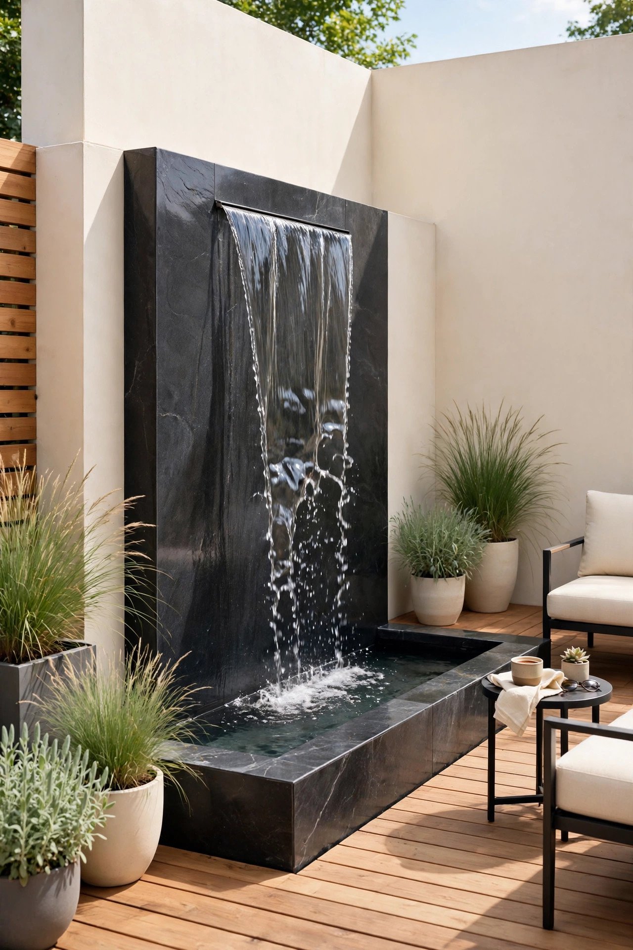 Modern waterfall with clean lines on a patio