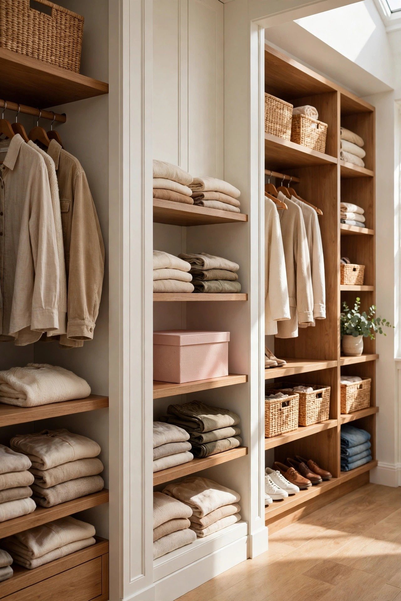 Walk-in closet with soft white board and batten walls, wood shelving, and organized clothing