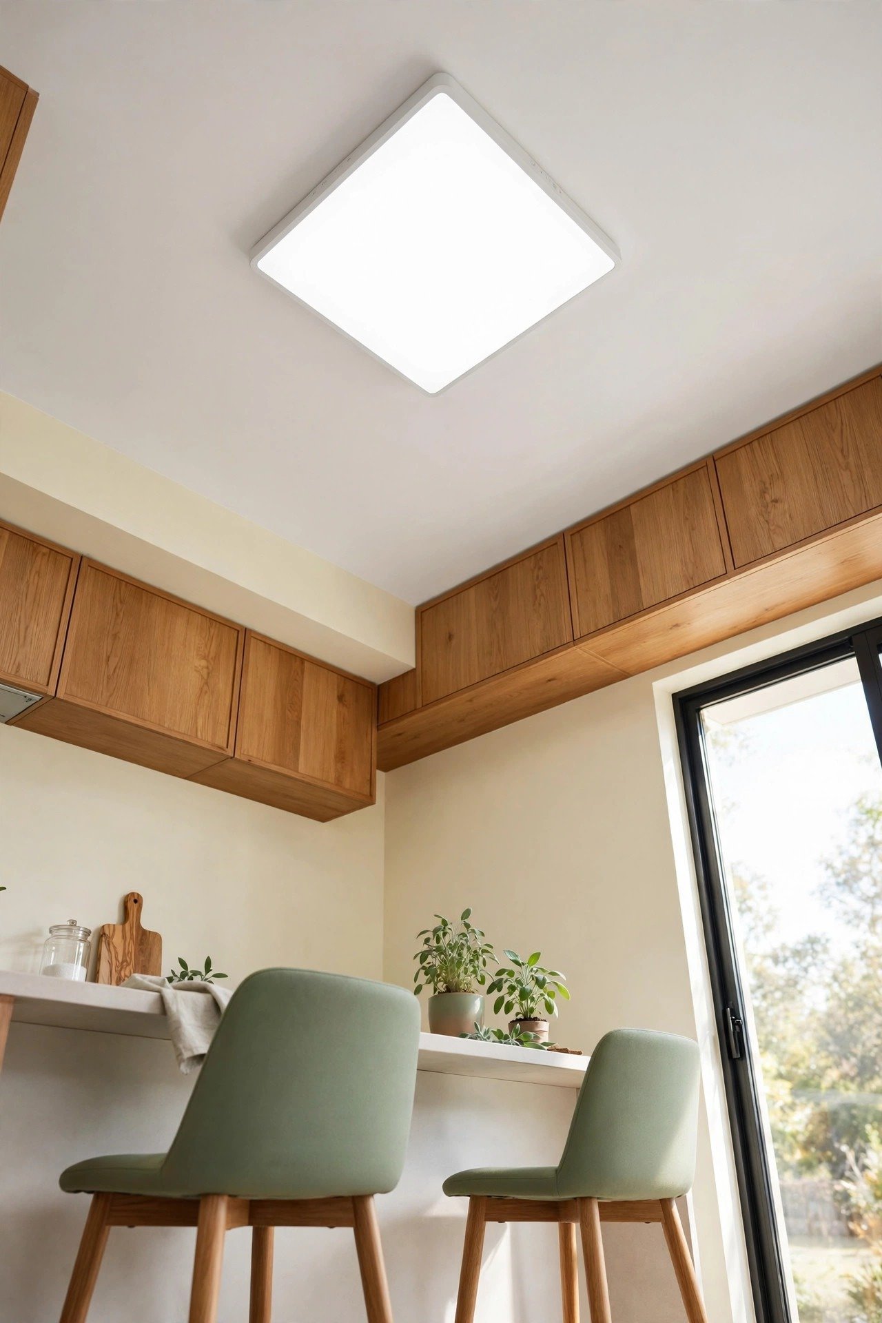 Sleek square LED light panel set flush into a white kitchen ceiling, giving even bright light over the counter