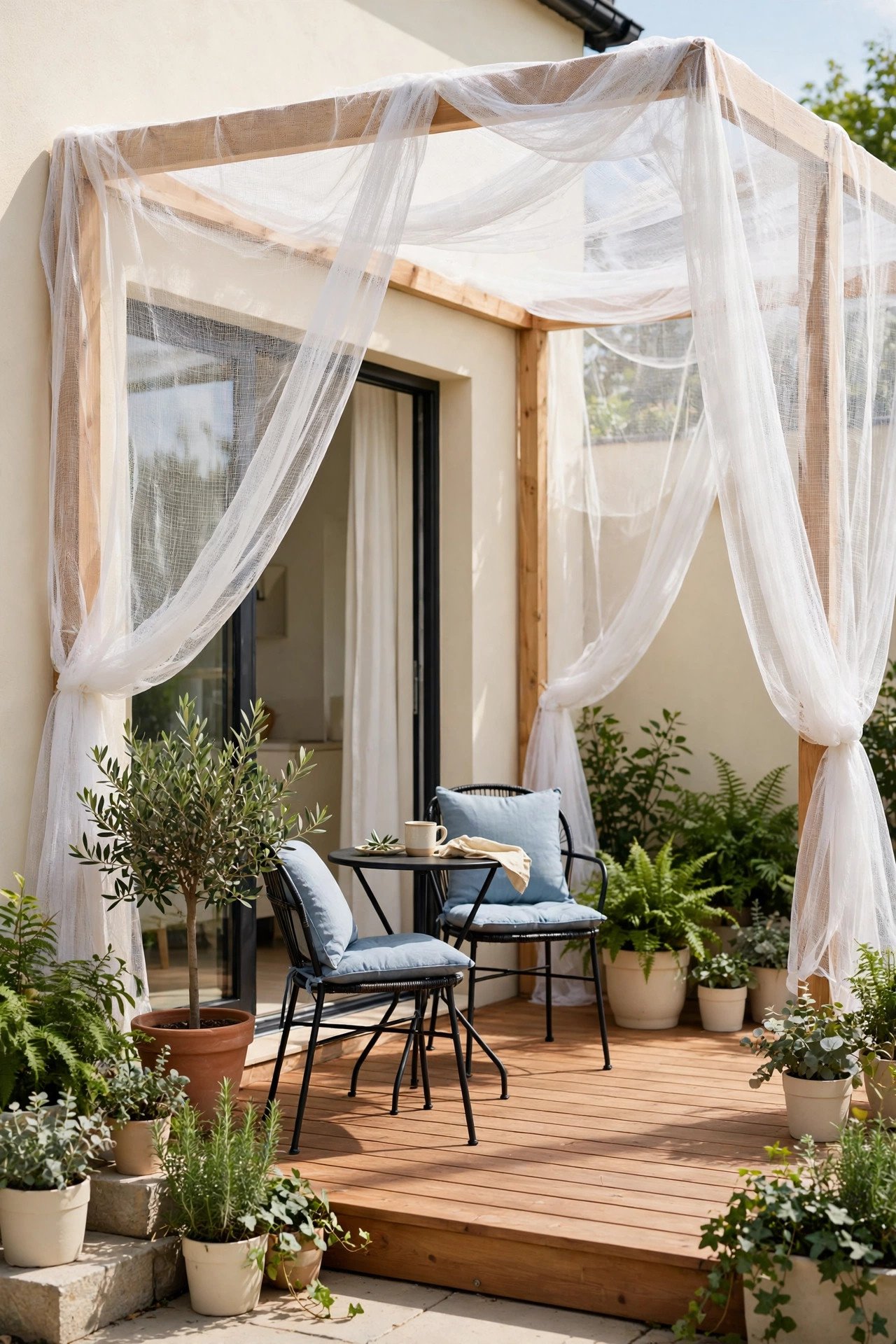 Covered patio with bamboo reed roof and tropical plants