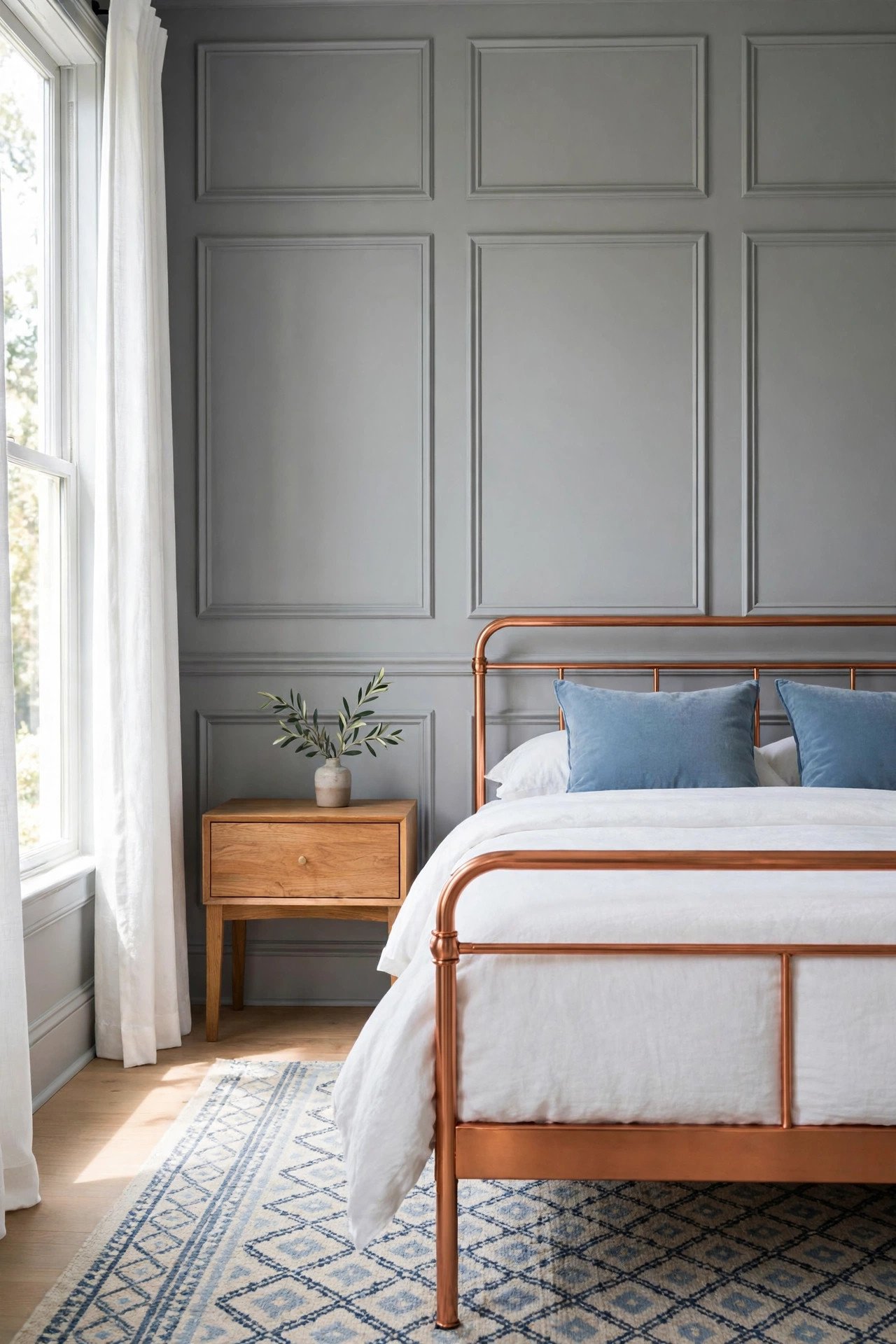 Gray bedroom walls with elegant panel molding and a warm copper bed frame beside a patterned rug