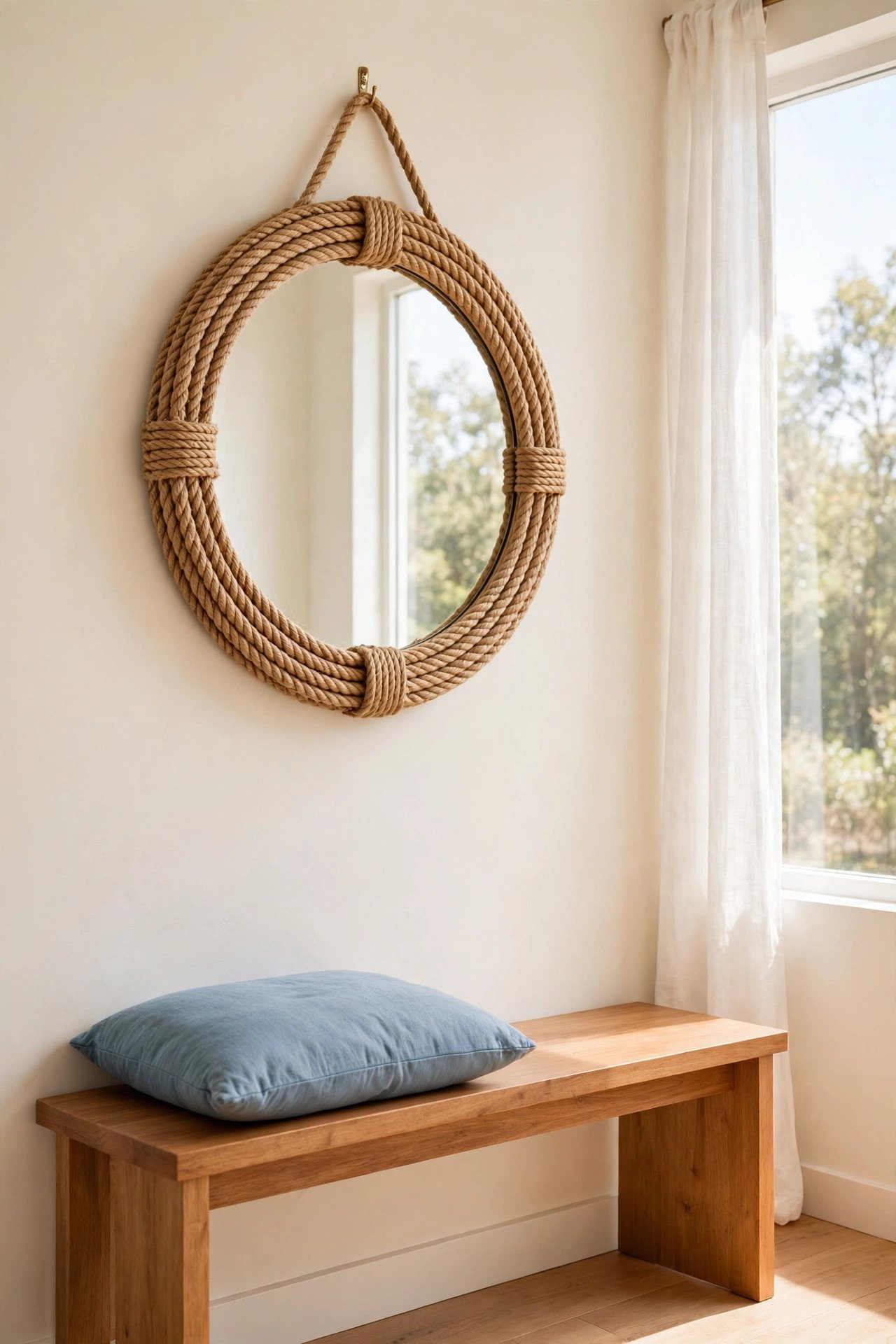 Round mirror wrapped with thick natural rope around the edge