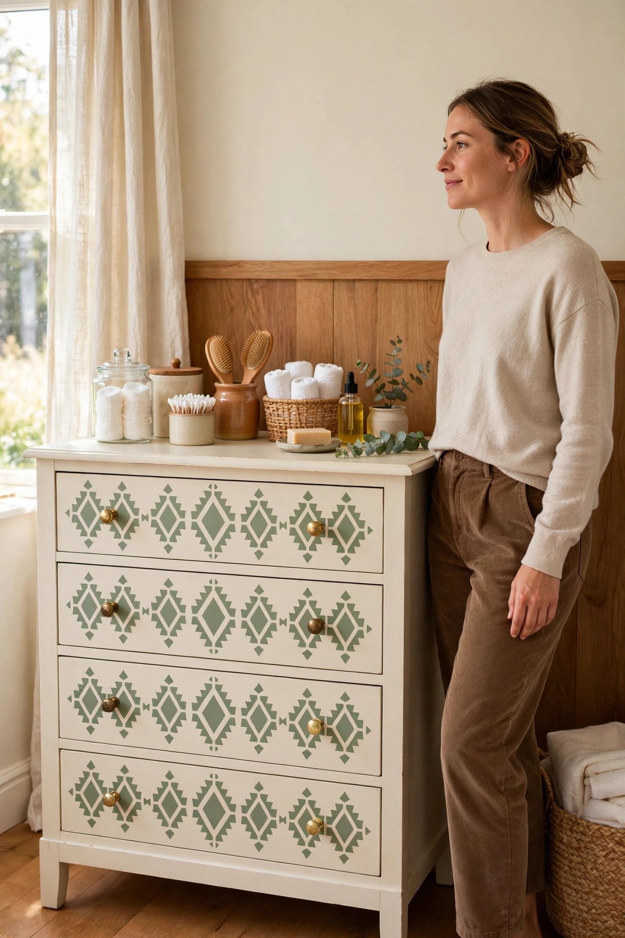 Dresser drawer fronts with a stenciled geometric pattern in sage green and cream