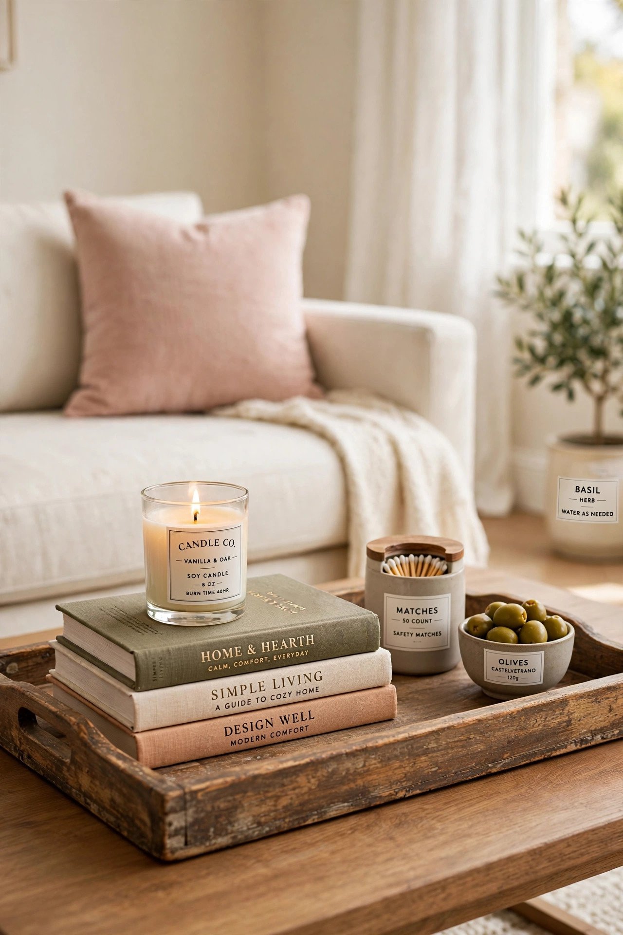 Wooden tray farmhouse makeover with sanded and stained dollar store tray holding candles in blush pink tones