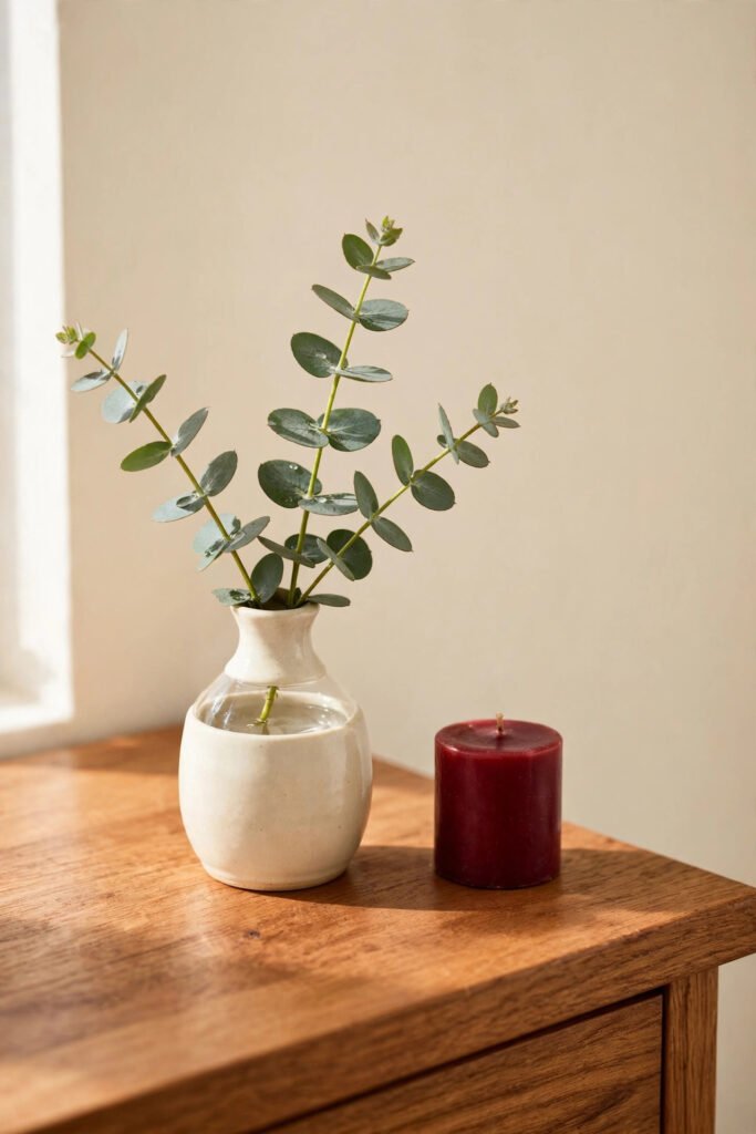 Eucalyptus sprig in a tiny bud vase for a simple rustic Christmas vanity touch