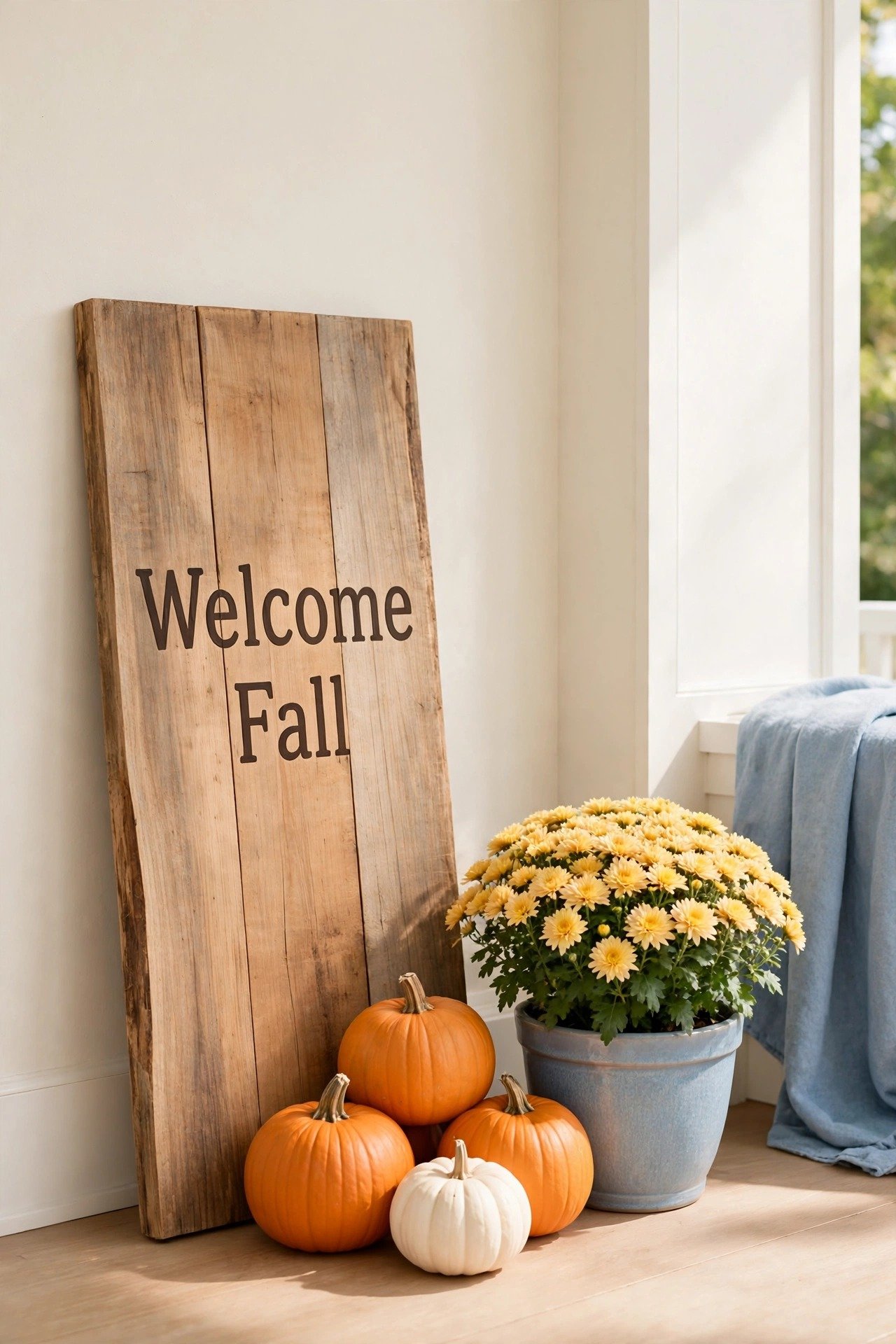 A rustic wooden sign with a fall greeting leaning against a porch wall beside pumpkins