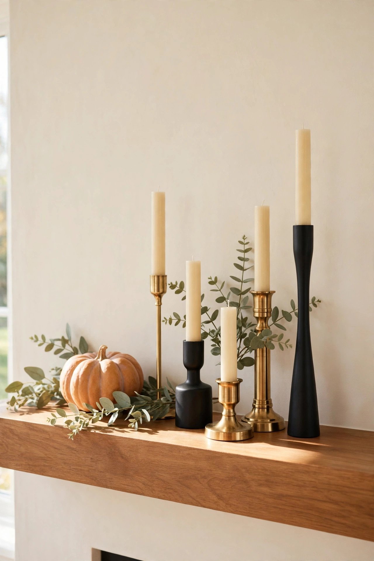 Brass and matte black candlesticks grouped at different heights on a fall mantel with eucalyptus sprigs