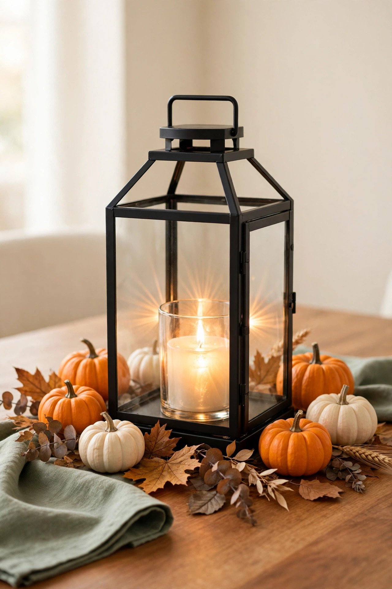 A glass lantern surrounded by mini pumpkins and autumn leaves