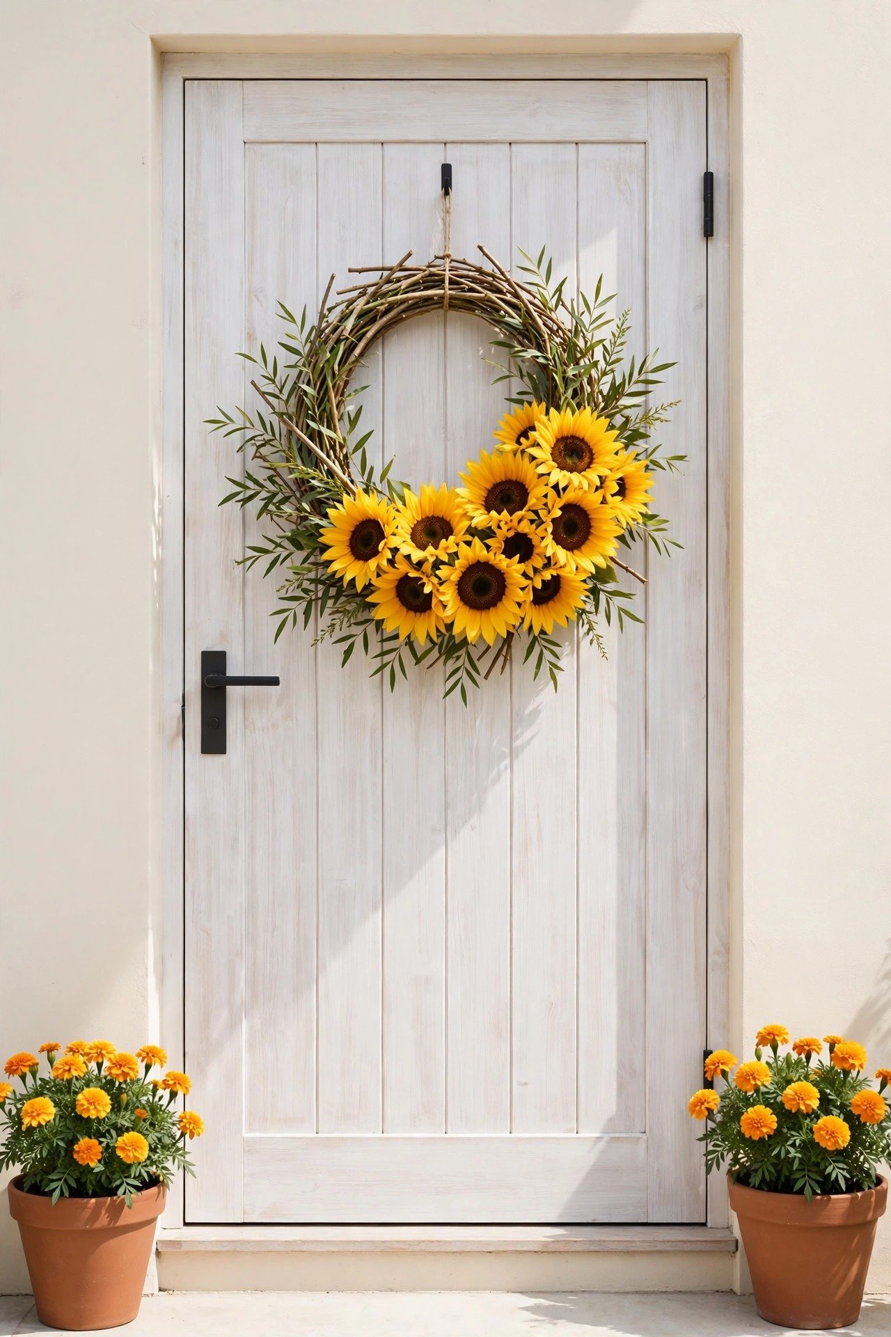 Wreath with one bold cluster of golden sunflowers on a simple twig base hanging on a whitewashed wooden gate