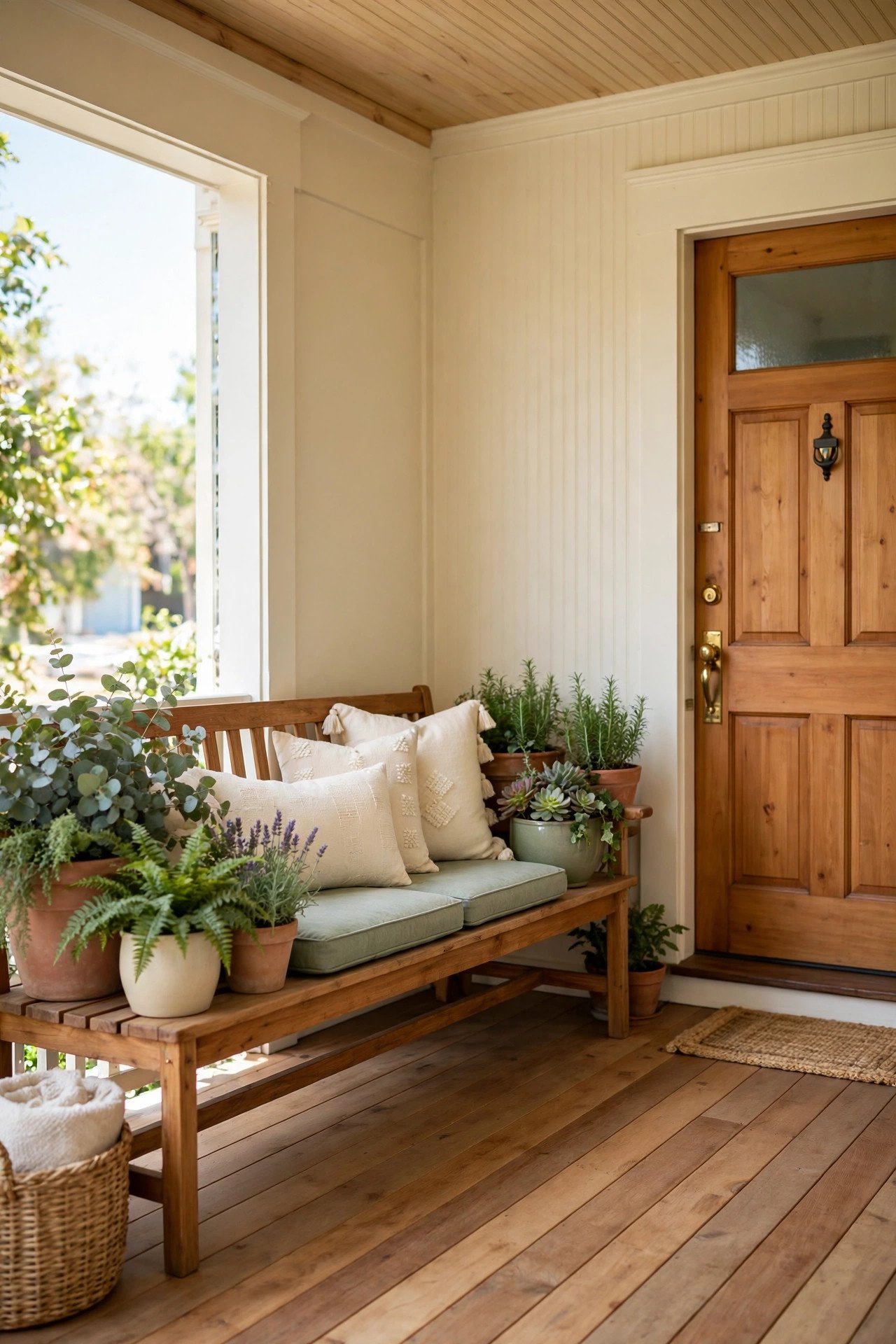 Wooden board flooring on a cozy front porch with sage green cushions