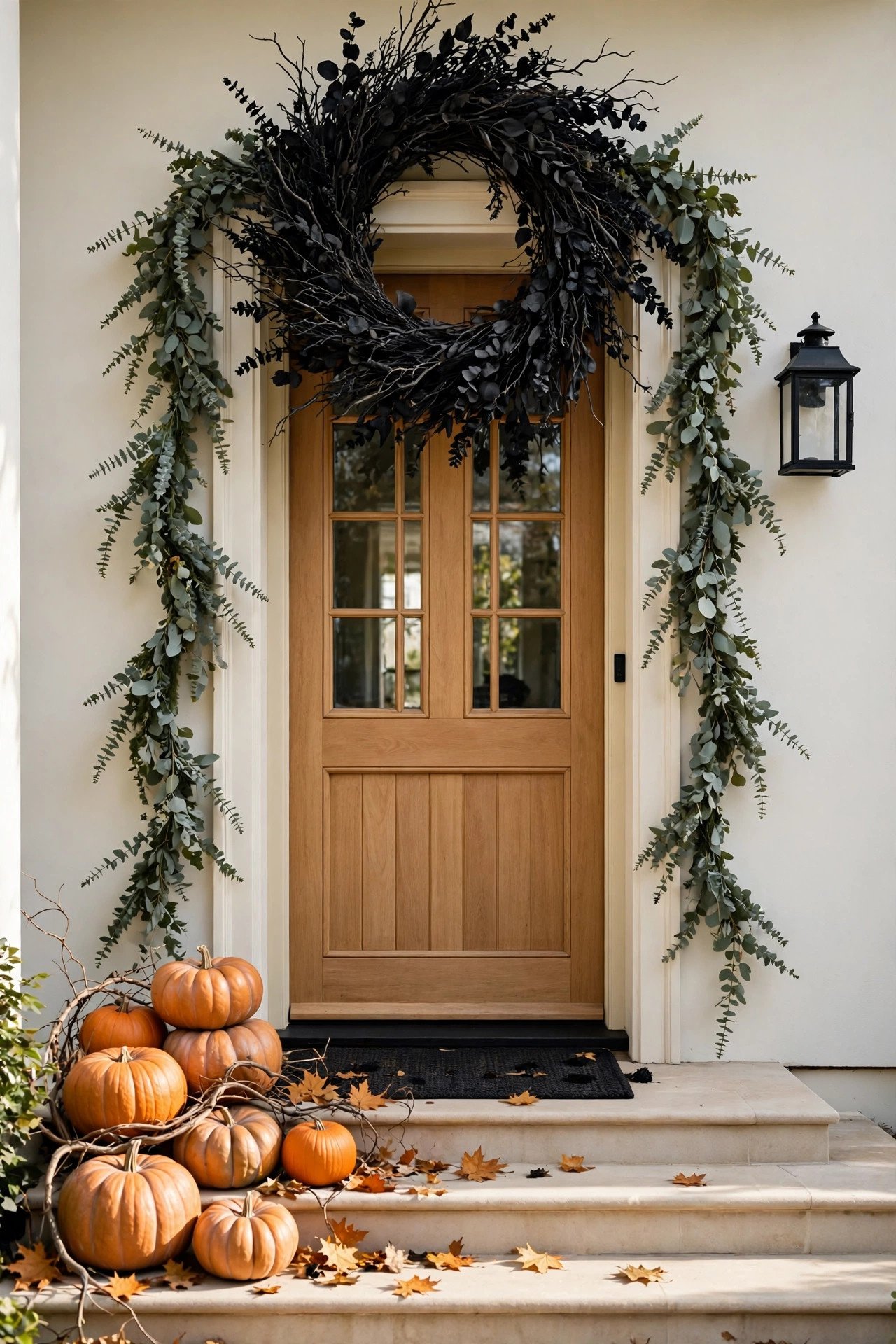 Front door with an oversized dark wreath, layered with branches and earthy pumpkins