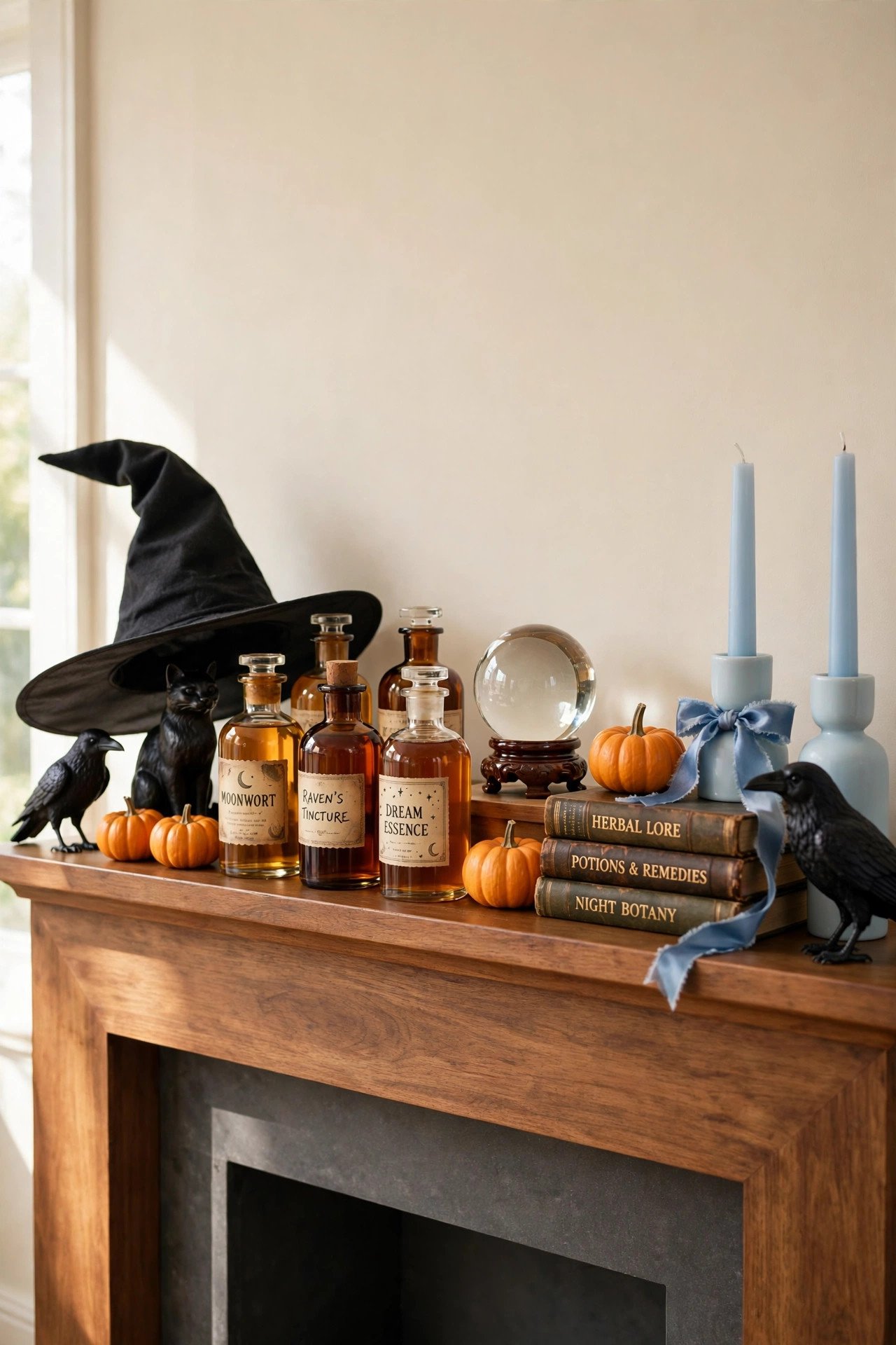Mantel decorated as a witch apothecary with amber potion bottles, witch hats and ravens